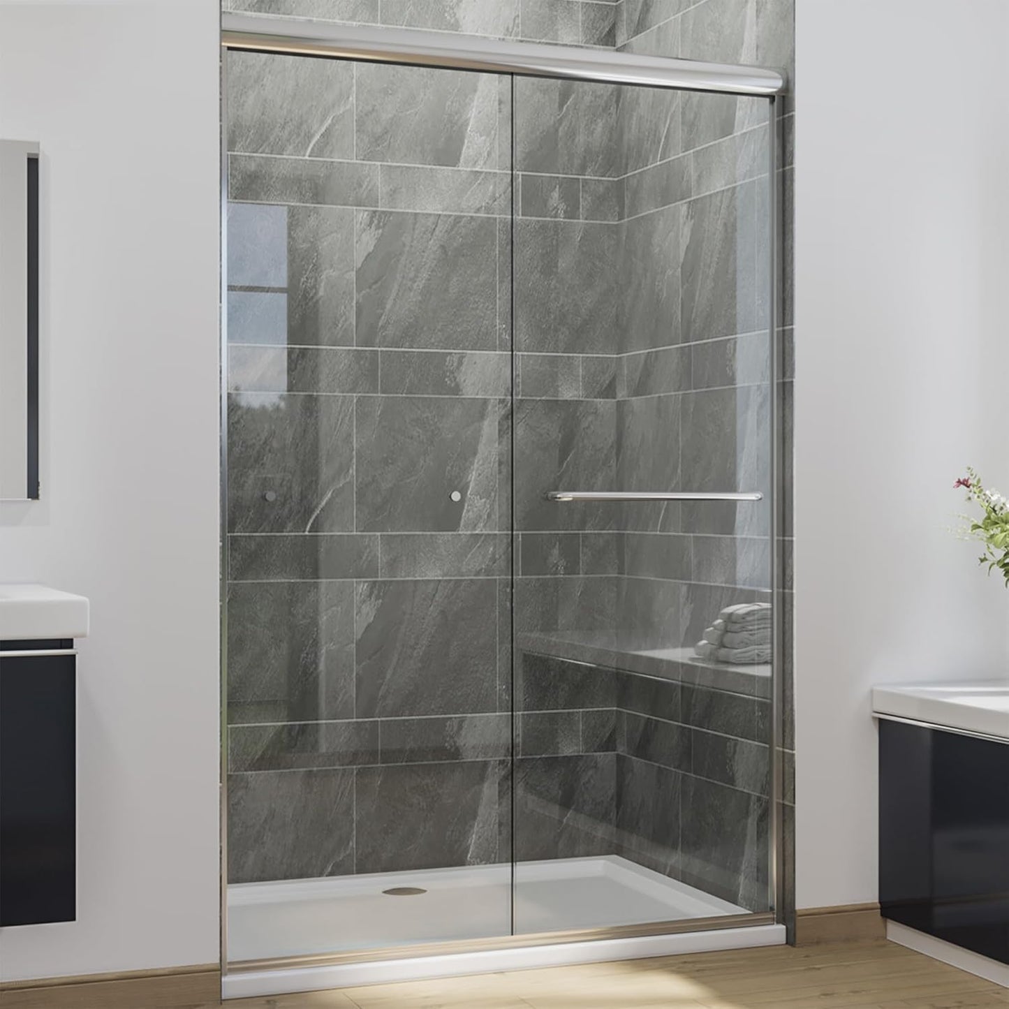 SUNNY SHOWER Bathtub Shower Door Glass Sliding Tub Door Semi-Frameless 1/4" Clear Glass Shower Enclosure Doors for Bathroom, Black Finish 58.5-60 in.W x 62 in.H