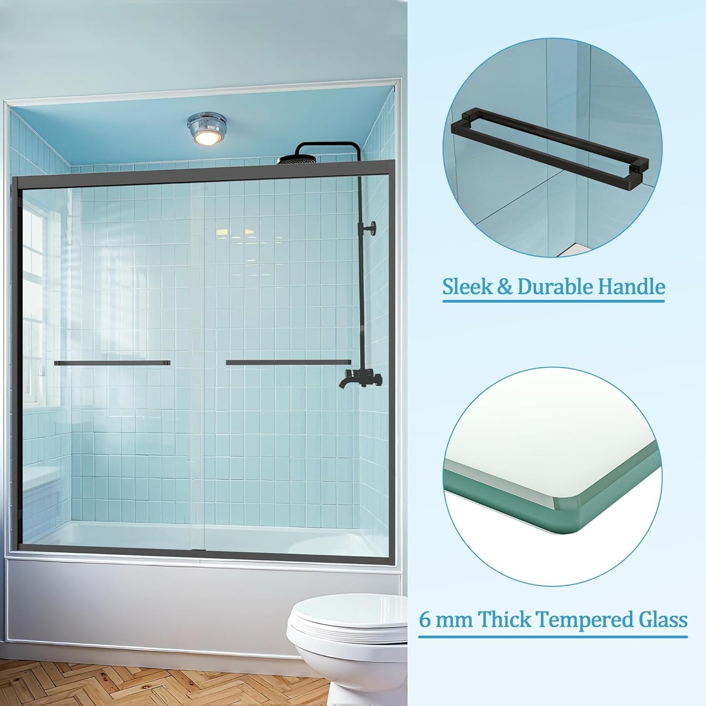 60''W×58''H Glass Tub Door Double Sliding Bathtub Door, 1/4''(6mm) Tempered Glass, Adjustable Width, Easy to Install & Clean, Matte Black
