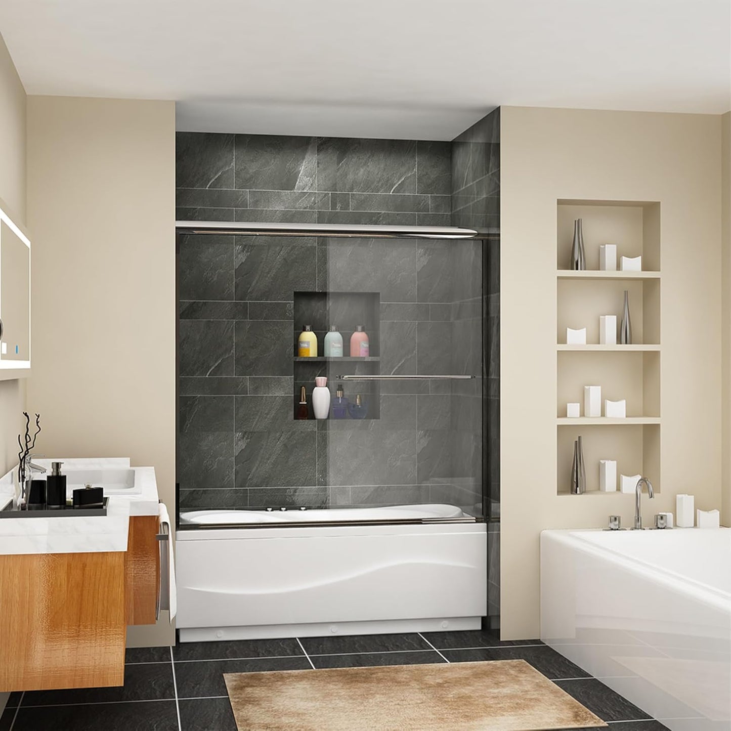 SUNNY SHOWER Bathtub Shower Door Glass Sliding Tub Door Semi-Frameless 1/4" Clear Glass Shower Enclosure Doors for Bathroom, Black Finish 58.5-60 in.W x 62 in.H