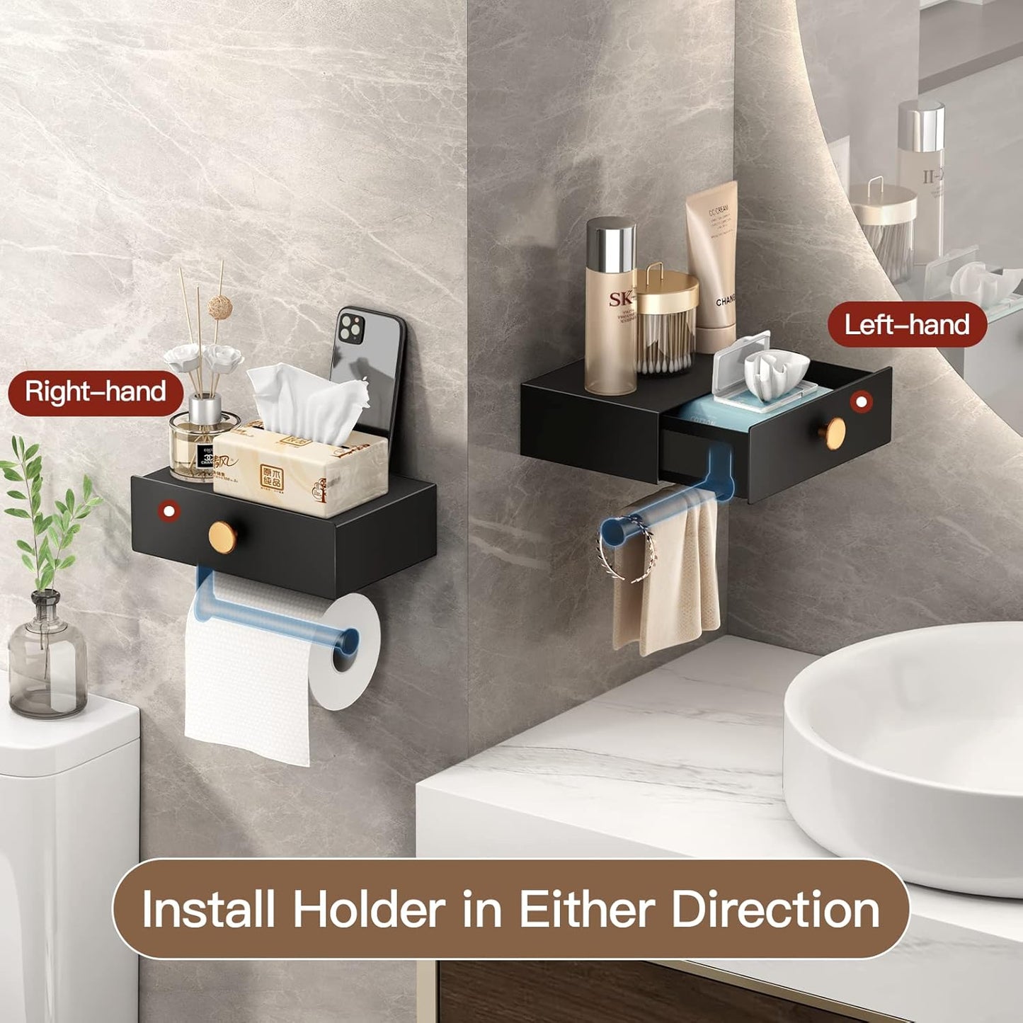VOLDRA Toilet Paper Holder with Shelf Black Wipes Dispenser for Bathroom Stainless Steel Toilet Paper Holder with Storage Drawer Adhesive Wall Mount Small Bathroom Shelf