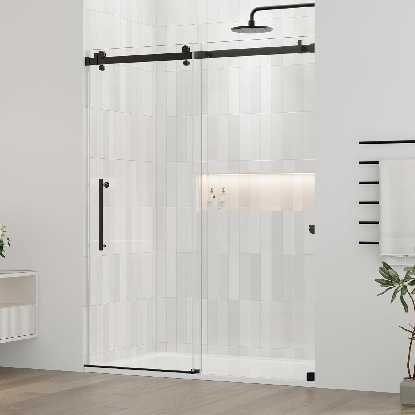 DELAVIN 56-59 in.W x 59 in.H Frameless Bathtub Door, Stainless Steel Tub Shower Door, Bathtub Shower Door with 5/16" (8mm) SGCC Certified Clear Tempered Glass, Black Shower Doors