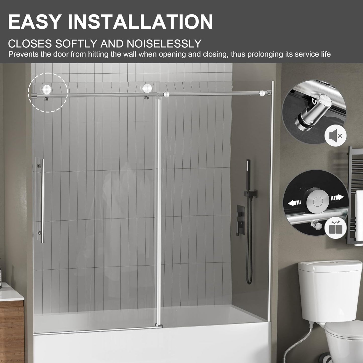 Frameless Bathtub Shower Doors 56-60" Width x 59" Height with 5/16" (8mm) Clear Tempered Glass,Silent Soft-Close Design,Brushed Nickel