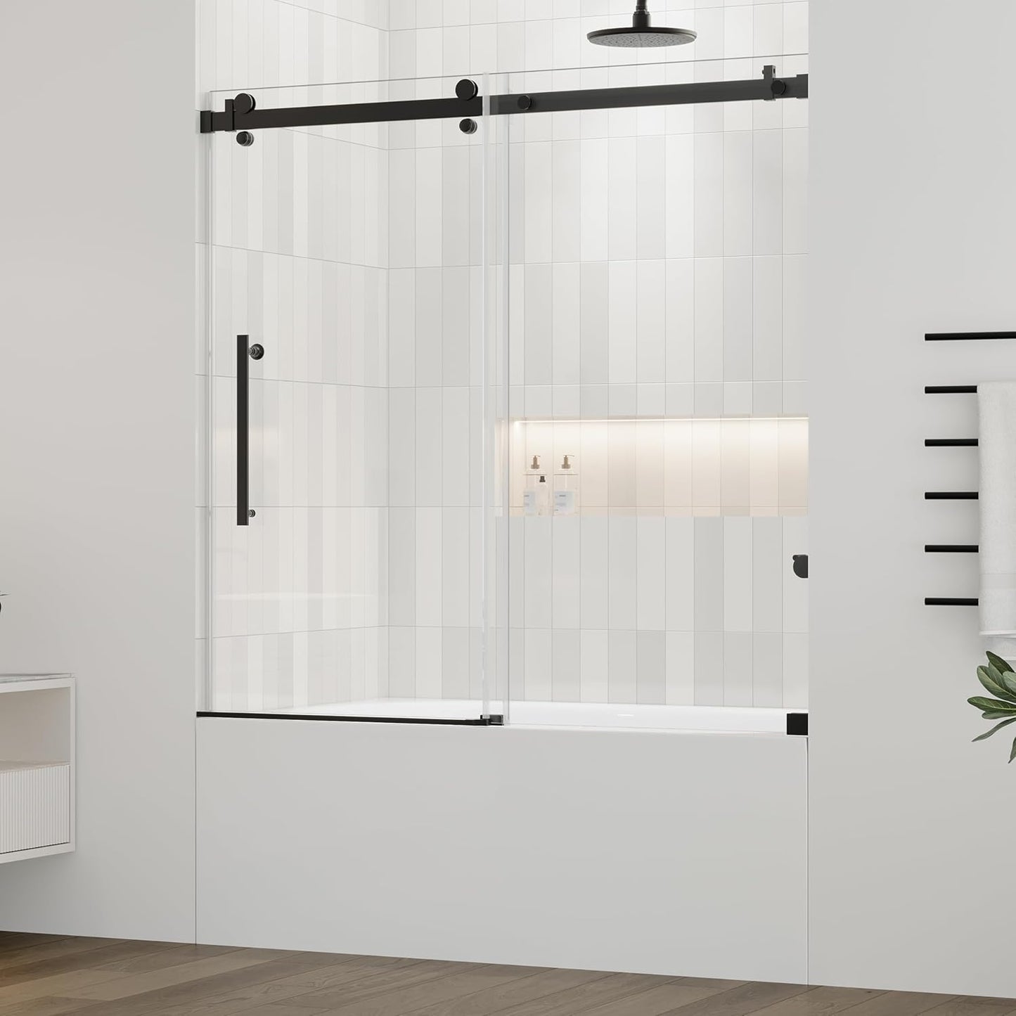 DELAVIN 56-59 in.W x 59 in.H Frameless Bathtub Door, Stainless Steel Tub Shower Door, Bathtub Shower Door with 5/16" (8mm) SGCC Certified Clear Tempered Glass, Black Shower Doors