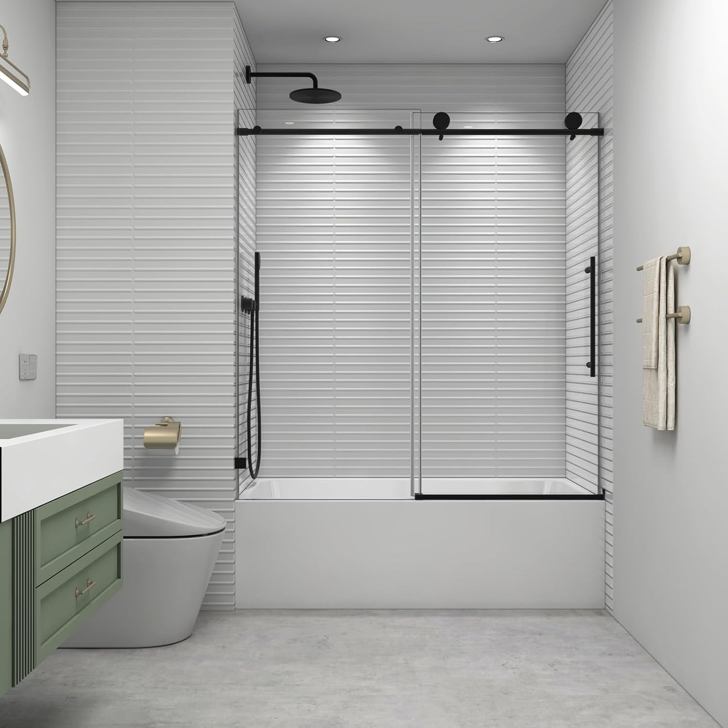 56"-60" W x 63" H Bathtub Soft Closing Sliding Shower Door,Water Repellent Frameless Tub Shower Door with 5/16" (8mm) Nano Explosion-Proof Film Transparent Glass (Matte Black 60" Wx63 H)