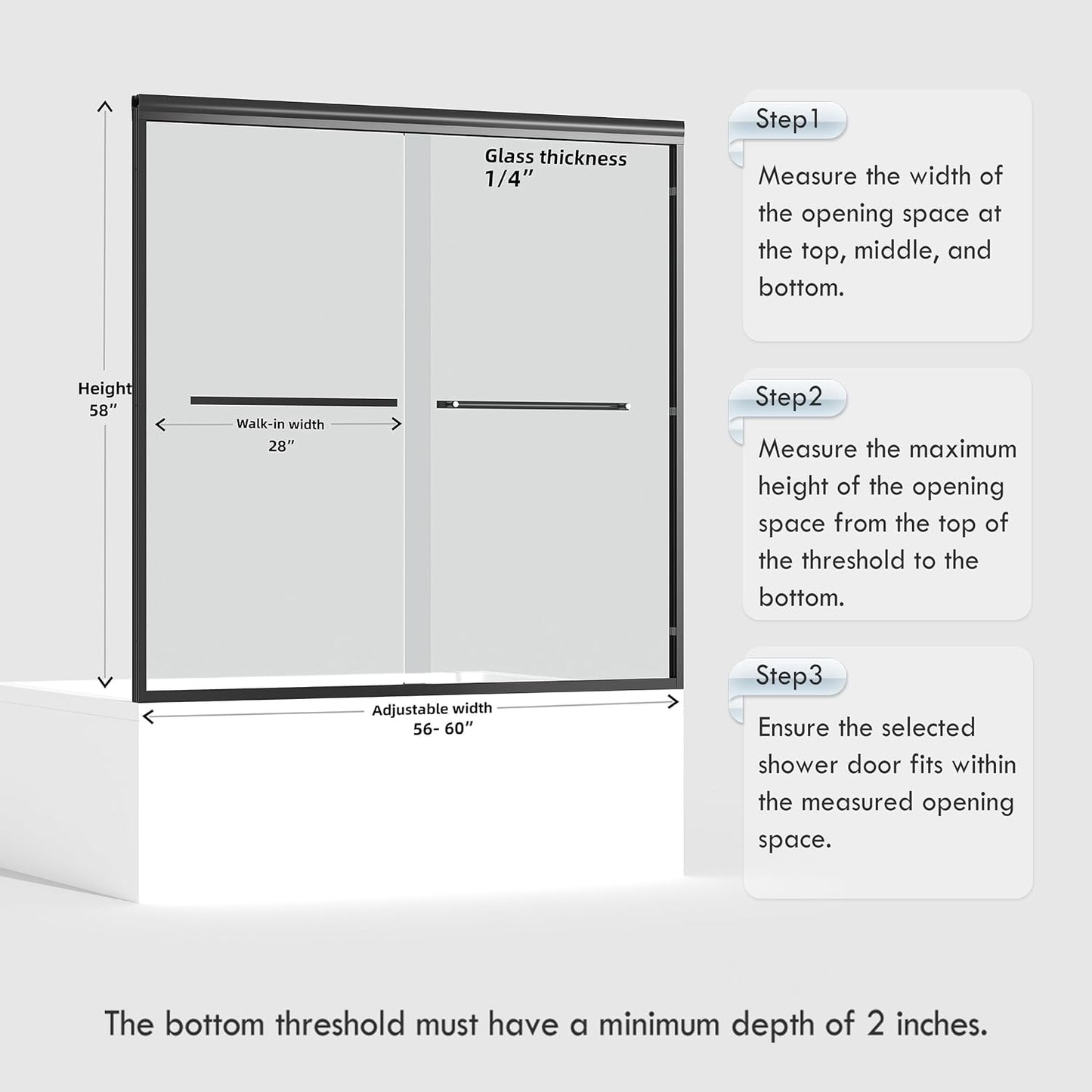 60" W x 58" H Semi-Frameless Bypass Sliding Bathtub Shower Door, Easy-to-Clean Treated Clear Tempered Glass, Matte Black