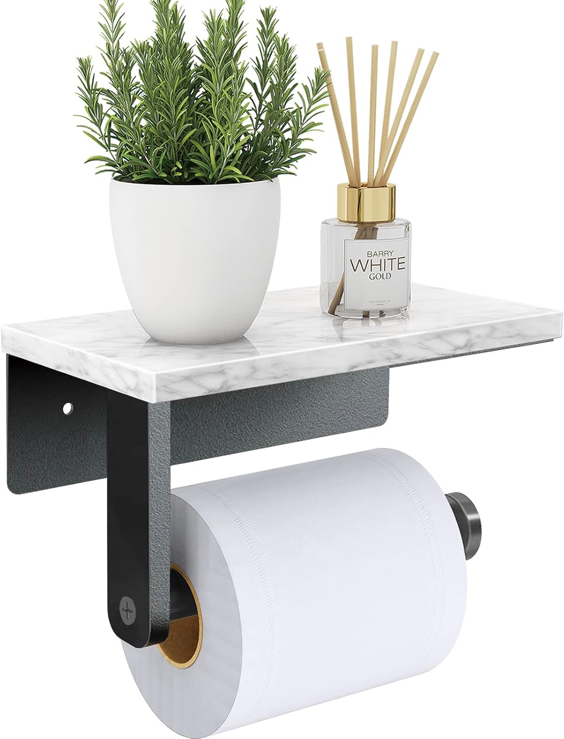 Brushed Nickel Toilet Paper Holder with Natural Marble Shelf, Screw Wall Mounted, Tissue Roll Holder for Bathroom Washroom