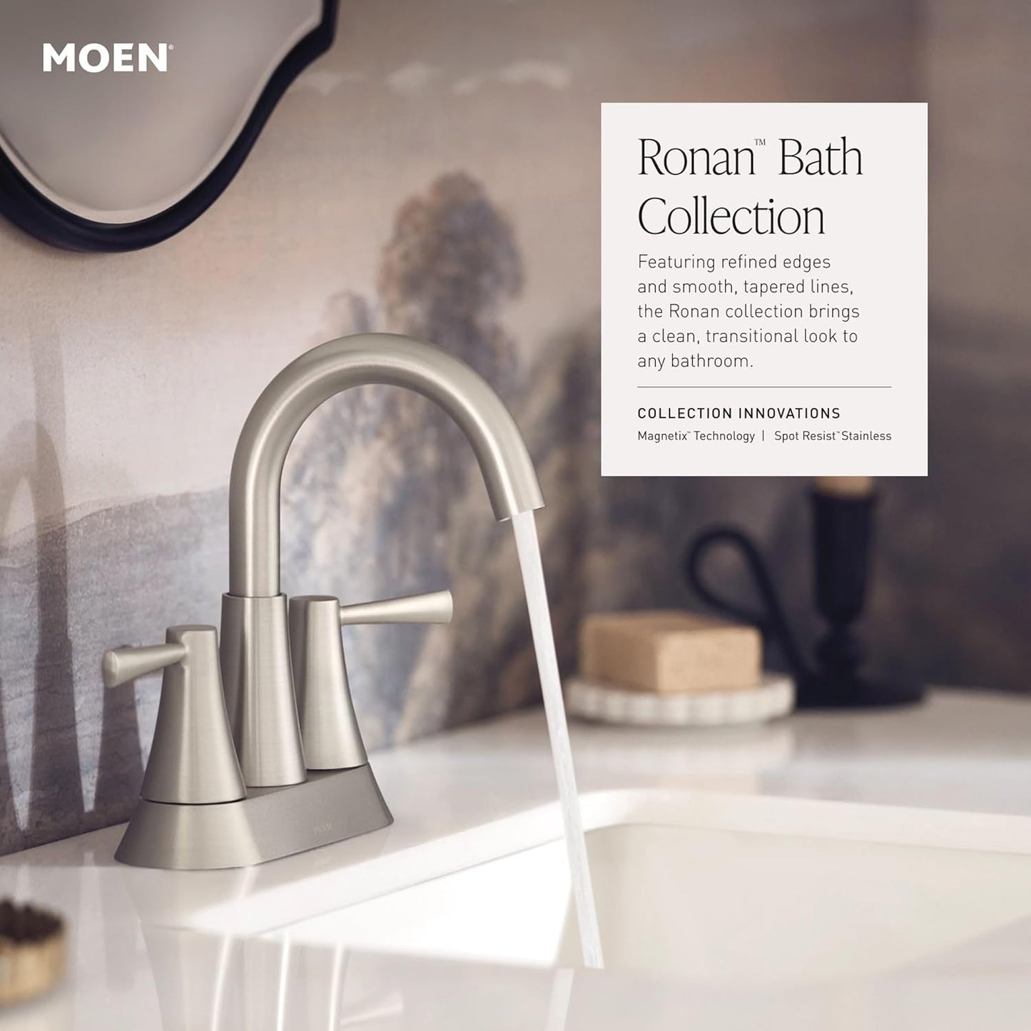 Moen Ronan Spot Resist Brushed Nickel Two-Handle 4" Centerset Modern Bathroom Faucet with Push-Down Drain, 84022SRN