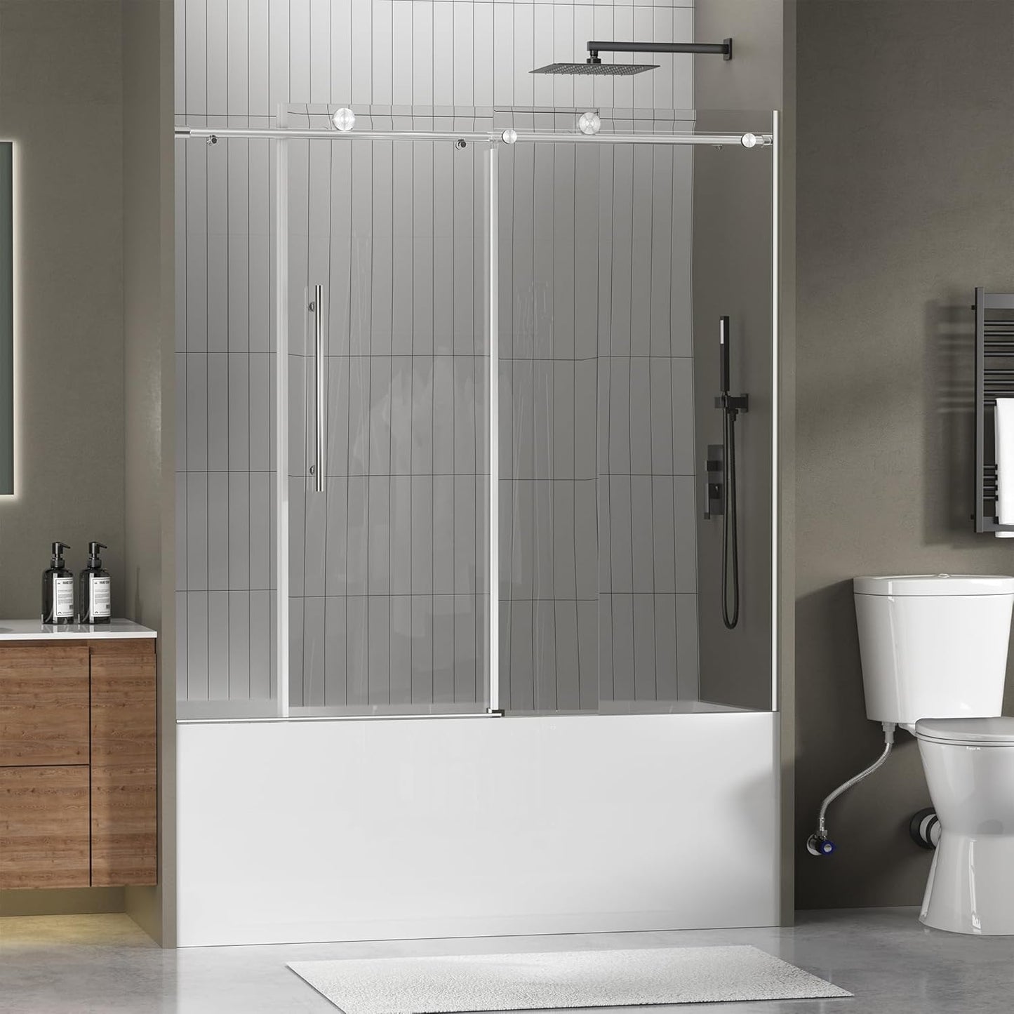 Frameless Bathtub Shower Doors 56-60" Width x 59" Height with 5/16" (8mm) Clear Tempered Glass,Silent Soft-Close Design,Brushed Nickel