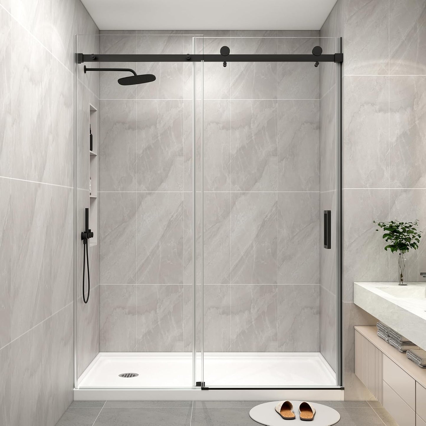 KPUY Bathtub Shower Door, 56-60" W x 58" H Sliding Shower Door for Bathtub, 1/4" (6mm) Thick Tempered Clear Glass with Explosion-Proof Film Nano Coating in Matte Black Finish