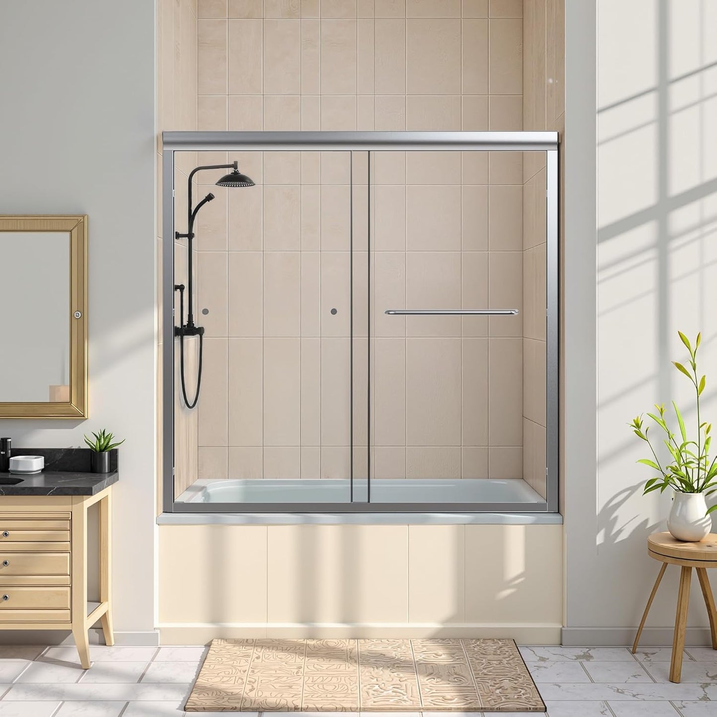 Shower Door Bathtub Sliding 56-60" W x 58" H, Shower Doors for Walk in Shower, Water Repellent Bathroom Shower Glass Bathtub Door, ABS Anti-Collision Rubber, Matte Black (1/4")