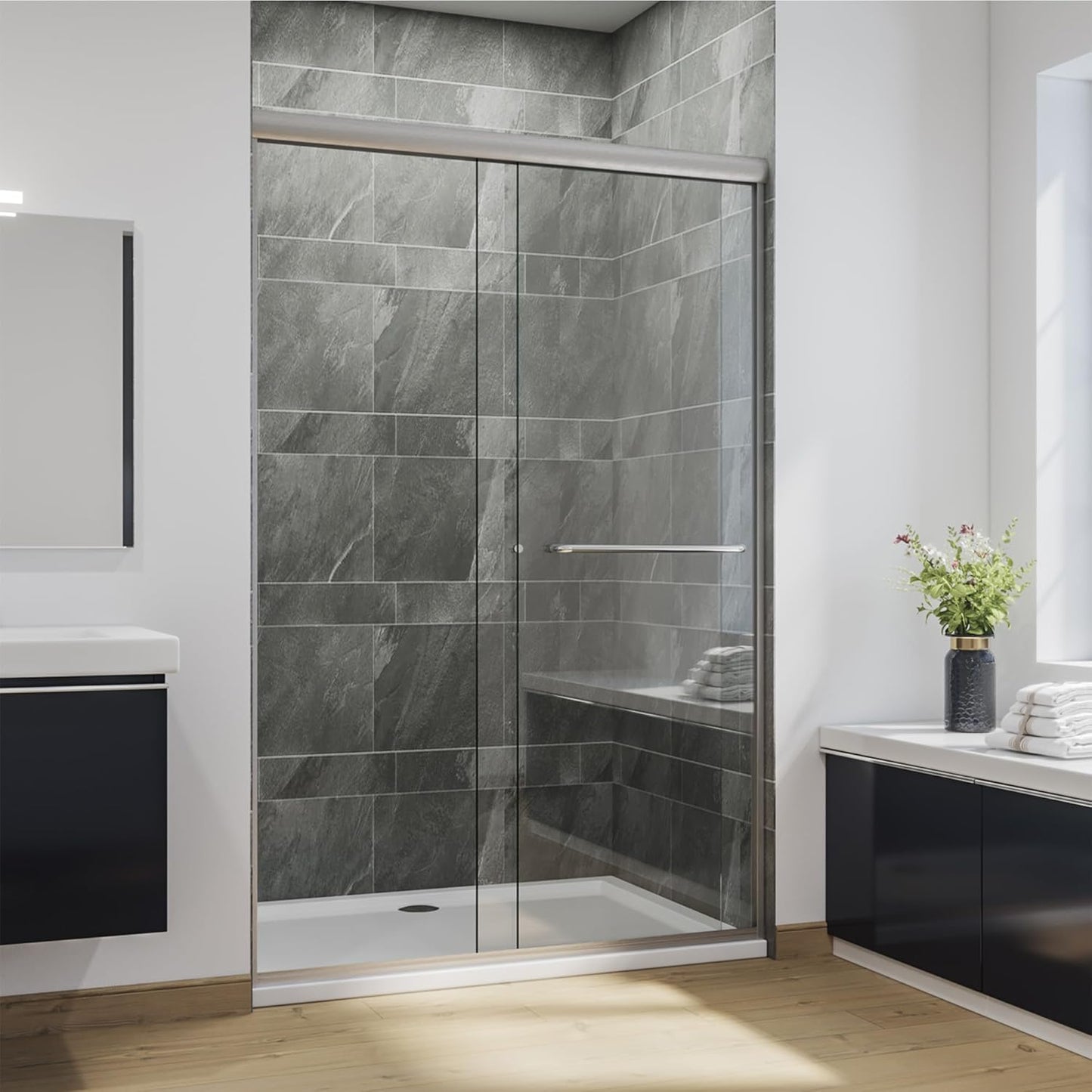 SUNNY SHOWER Bathtub Shower Door Glass Sliding Tub Door Semi-Frameless 1/4" Clear Glass Shower Enclosure Doors for Bathroom, Black Finish 58.5-60 in.W x 62 in.H