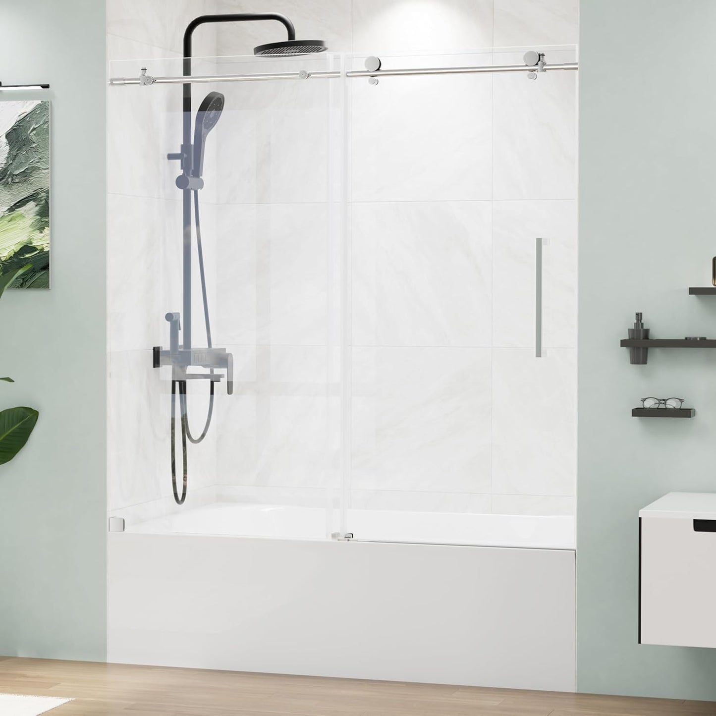 Frameless Tub Shower Door 56-59" W x 59" H, 5/16"(8mm) SGCC Clear Tempered Glass Bathtub Glass Door with Explosion-Proof Film, Tub Doors Can Be Installed Left Or Right, Stainless Steel, Silver