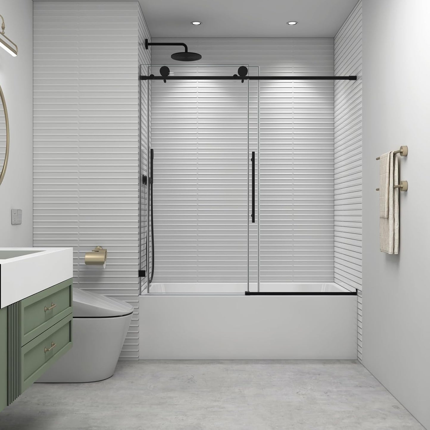 56"-60" W x 63" H Bathtub Soft Closing Sliding Shower Door,Water Repellent Frameless Tub Shower Door with 5/16" (8mm) Nano Explosion-Proof Film Transparent Glass (Matte Black 60" Wx63 H)