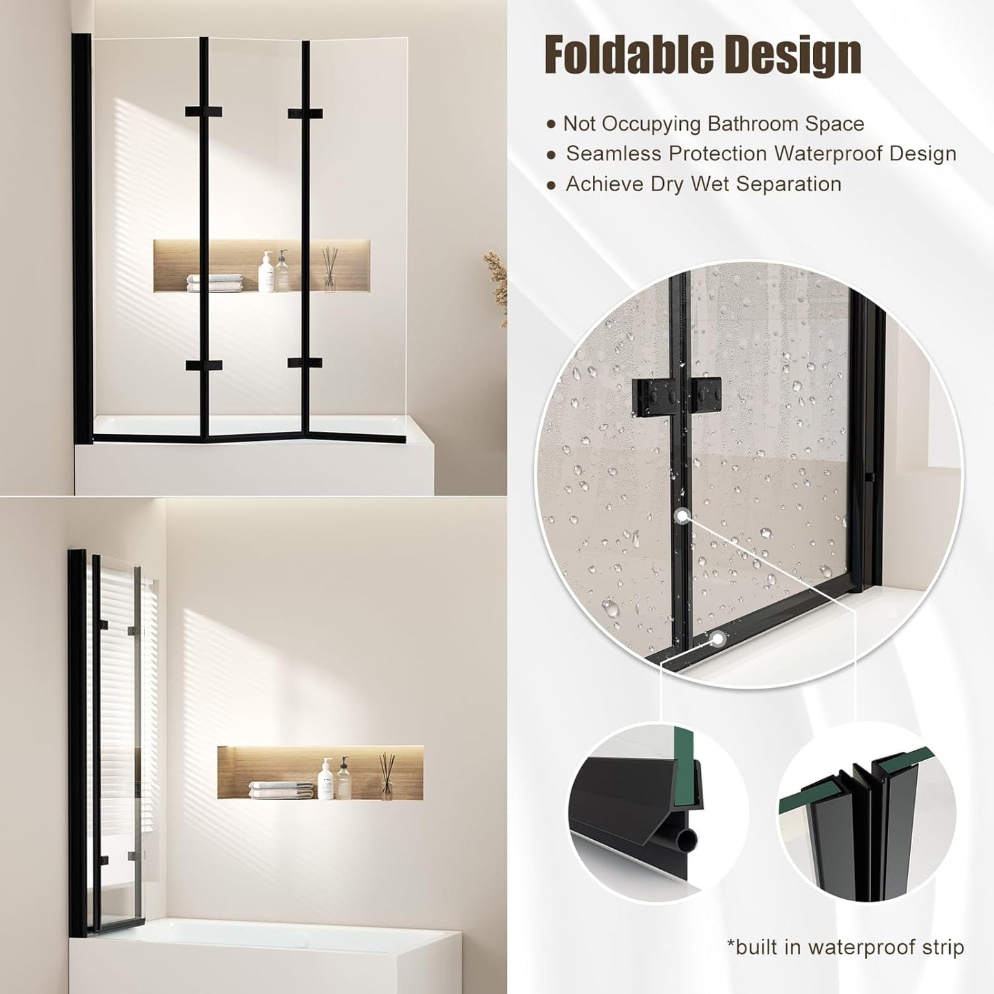 47" W x 55" H Tub Shower Door,Foldable Bathtub Glass Door,Frameless Hinged Shower Screen with Tempered Glass Panel,Matte Black