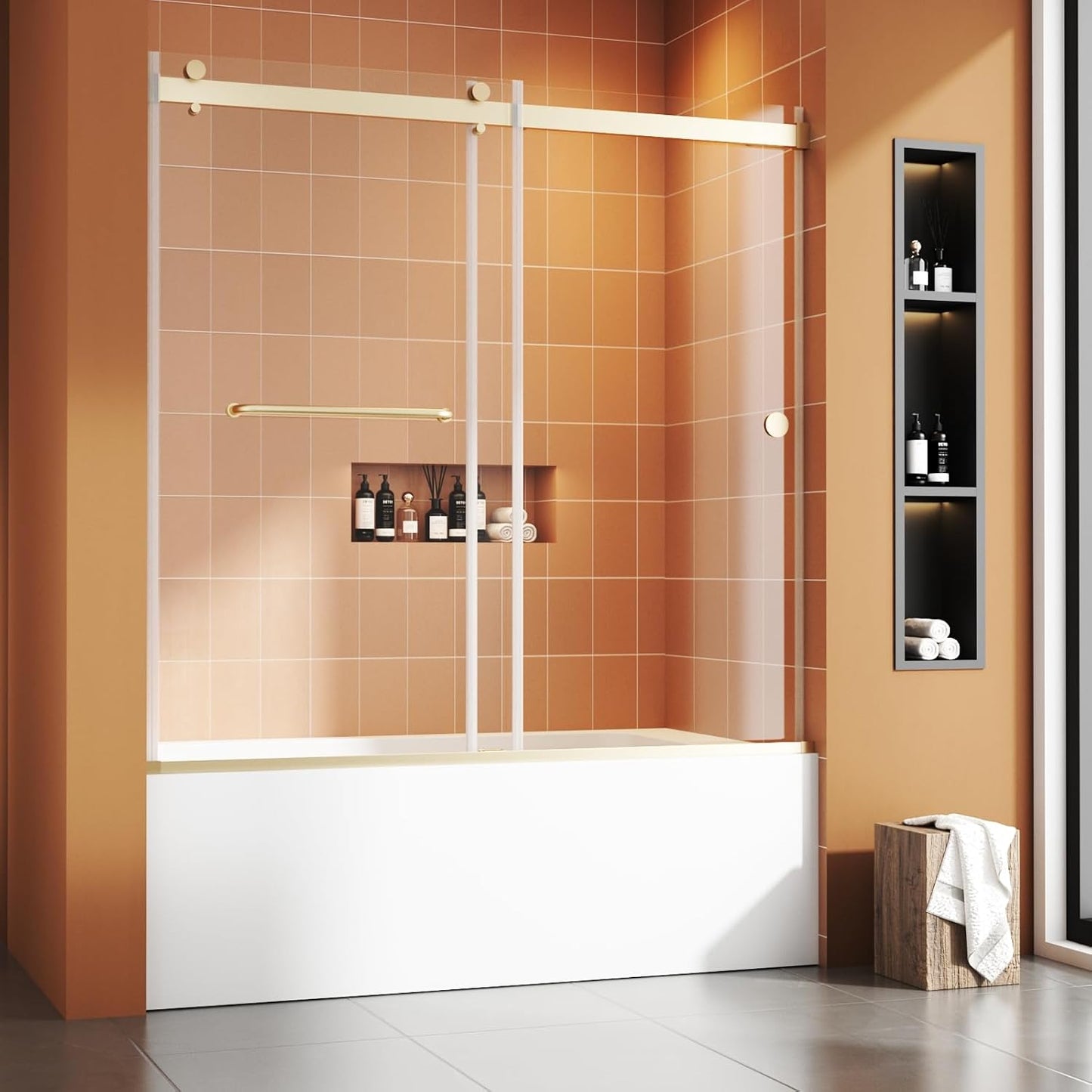 Bathtub Sliding Door, 55"-60" W x 56" H Tub Shower Door, Bathtub Door, Bathtub Glass Door Bathtub Double Sliding Shower Door 5/16" Tempered Glass Explosion-Proof Film Stainless Steel Black