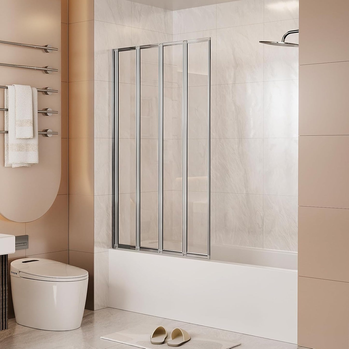 Folding Pivot Bathtub Shower Door with Linkage Hinge Fixtures, Bi Fold Framed Bath Screen Tub Door with Tempered Safety Glass,31 1/2 in. W x 55 in. H (Black)