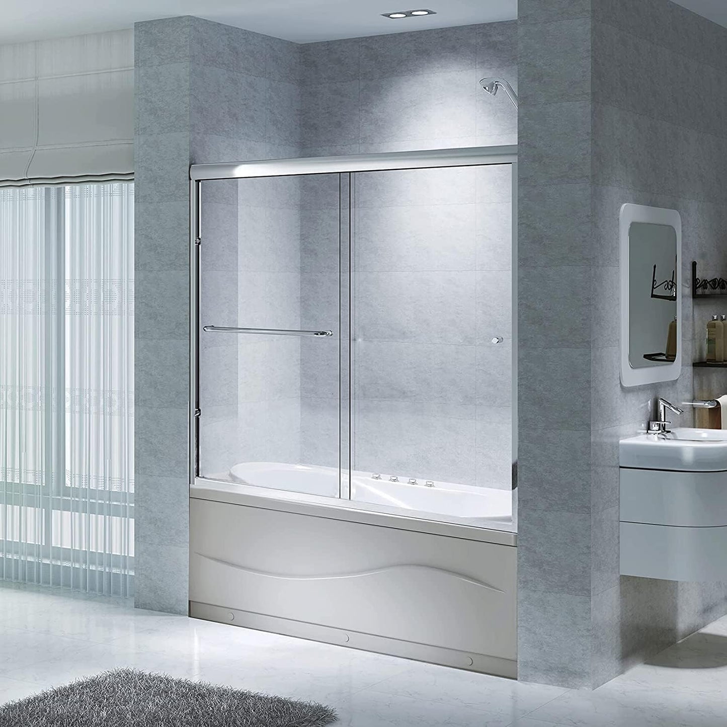CKB Bathtub Sliding Doors, Semi-Frameless Bypass Tub Door, 56"–60" W × 56" H, 1/4" (6mm) ANSI Tempered Safety Glass, Matte Black, Berlin