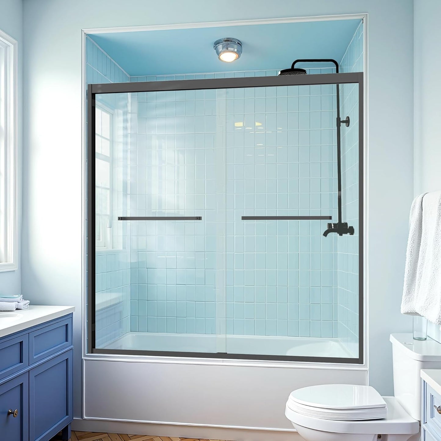 60''W×58''H Glass Tub Door Double Sliding Bathtub Door, 1/4''(6mm) Tempered Glass, Adjustable Width, Easy to Install & Clean, Matte Black