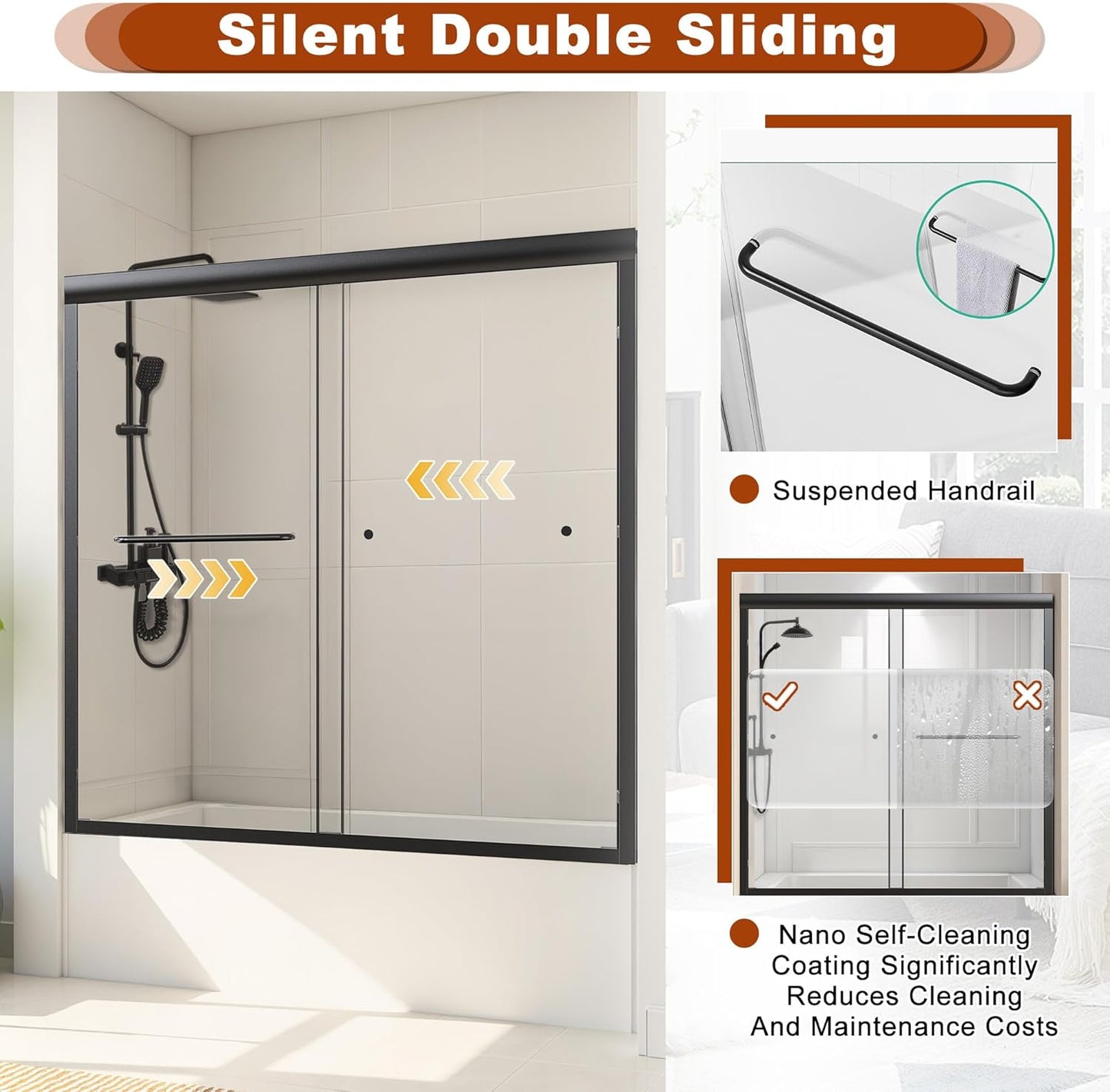 Shower Door Bathtub Sliding 56-60" W x 58" H, Shower Doors for Walk in Shower, Water Repellent Bathroom Shower Glass Bathtub Door, ABS Anti-Collision Rubber, Matte Black (1/4")