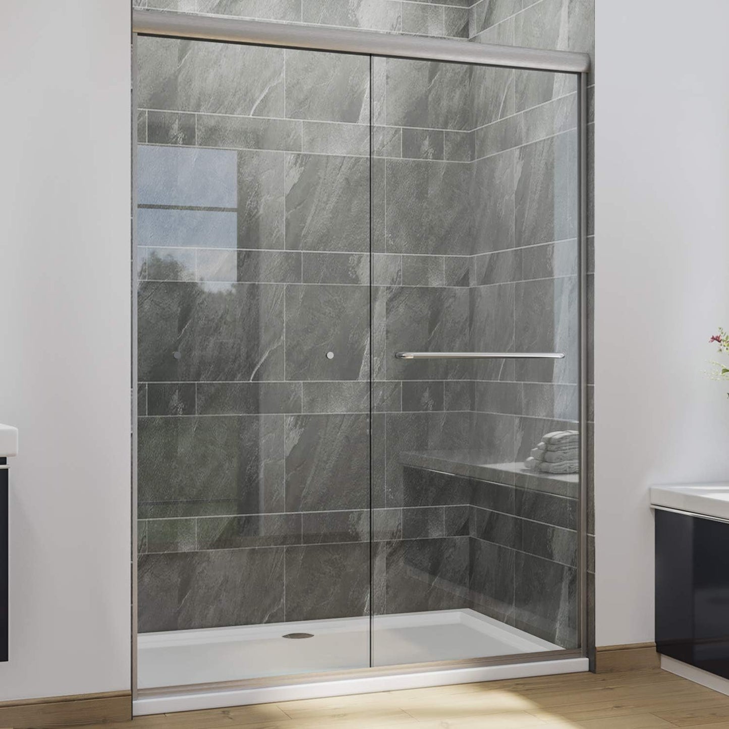 SUNNY SHOWER Bathtub Shower Door Glass Sliding Tub Door Semi-Frameless 1/4" Clear Glass Shower Enclosure Doors for Bathroom, Black Finish 58.5-60 in.W x 62 in.H