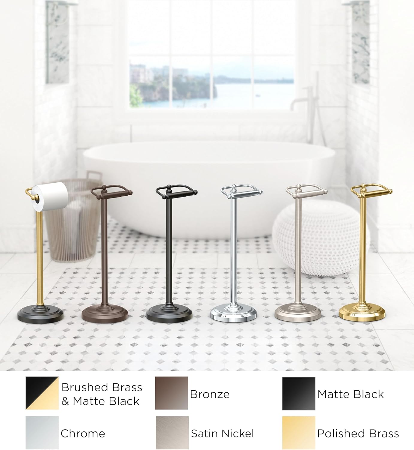 Gatco 1436MX, Freestanding Toilet Paper Holder, 22” H, Matte Black/Floor Standing Weighted Base Toilet Paper Holder Stand