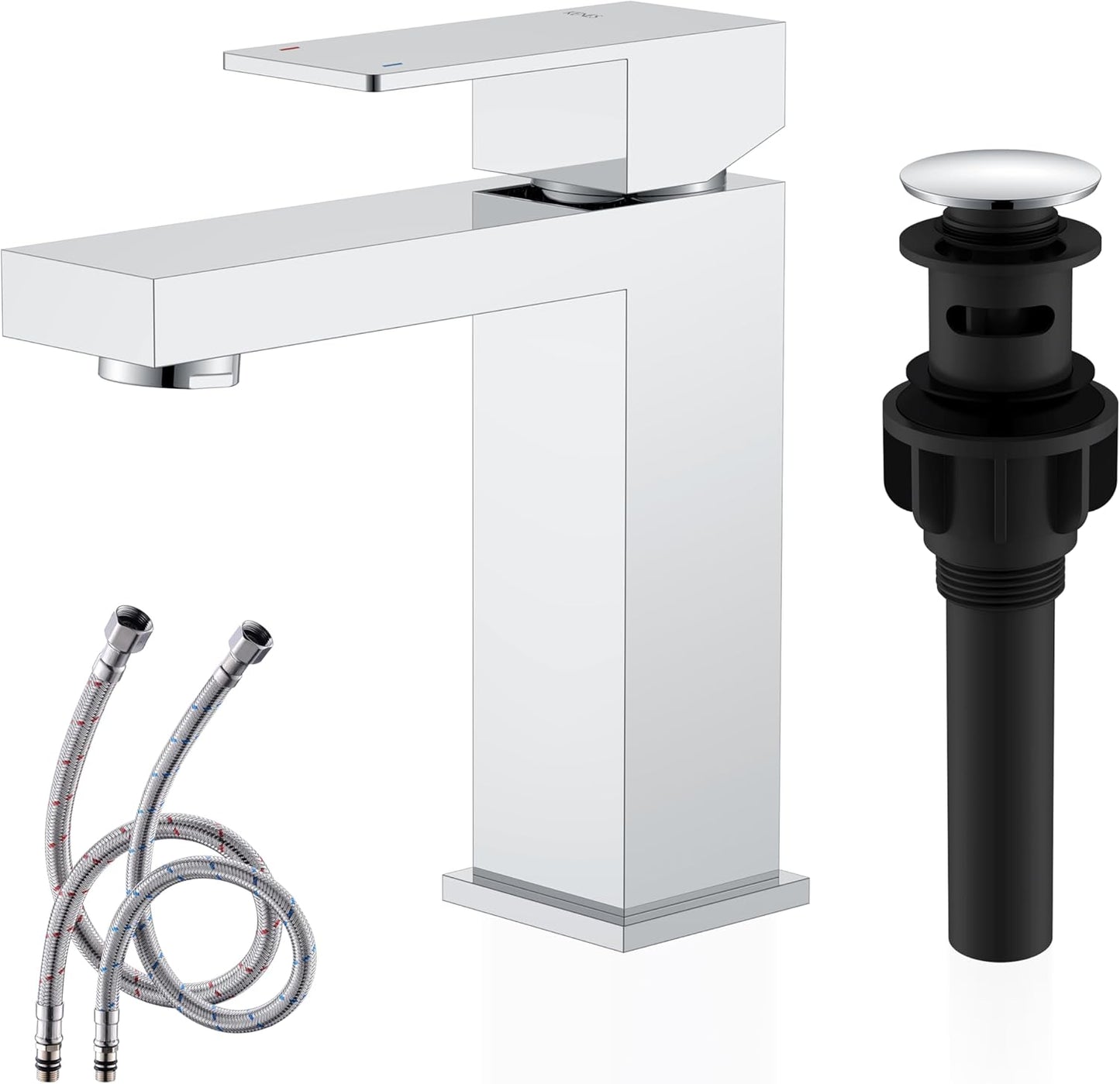 KENES Matte Black Single Handle Bathroom Sink Faucet, Stainless Steel Vanity Faucet for Bathroom Sink, with Pop Up Drain Stopper & Water Supply Hoses LJ-9031-2