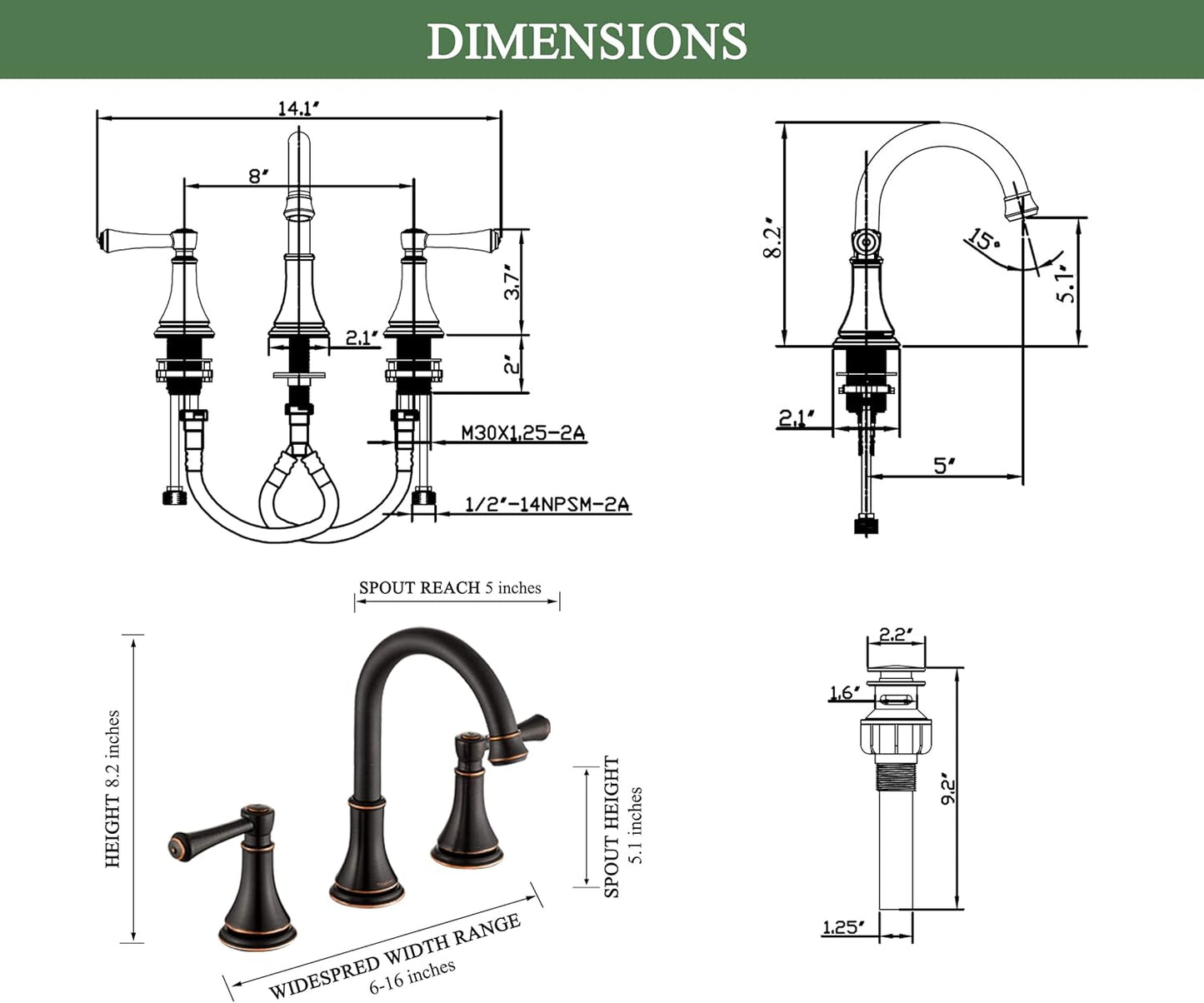 Oil Rubbed Bronze 8 inch Widespread Bathroom Sink Faucet 3 Holes with Pop-Up Drain, 2 Handle Modern Bathroom/Vanity/Lavatory Faucet with Brass 360° Swivel Spout, TAF830Y-ORB
