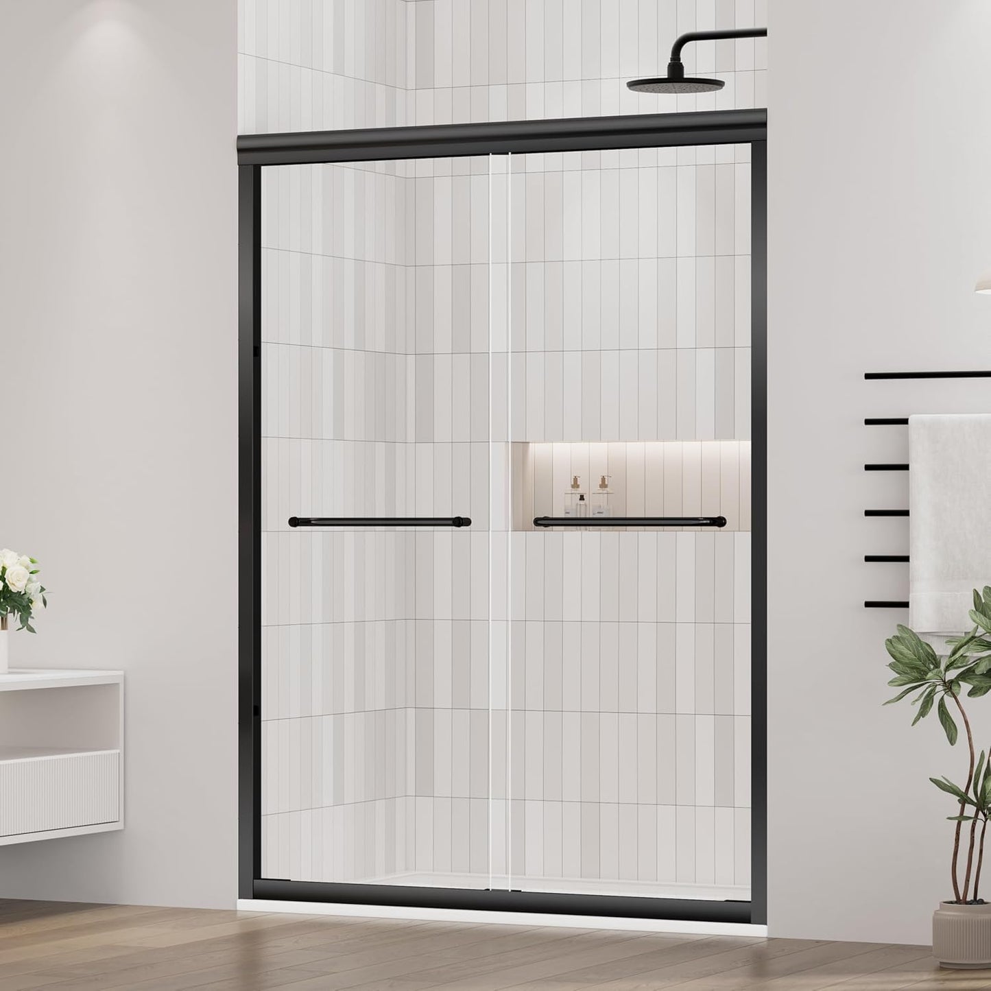 DELAVIN 56-60" W x 59" H Frameless Sliding Bathtub Door, Tub Shower Door, Bathtub Glass Door, Bathtub Shower Door, 5/16" (8mm) Certified Clear Tempered Glass, Stainless Steel Frame, Matte Black
