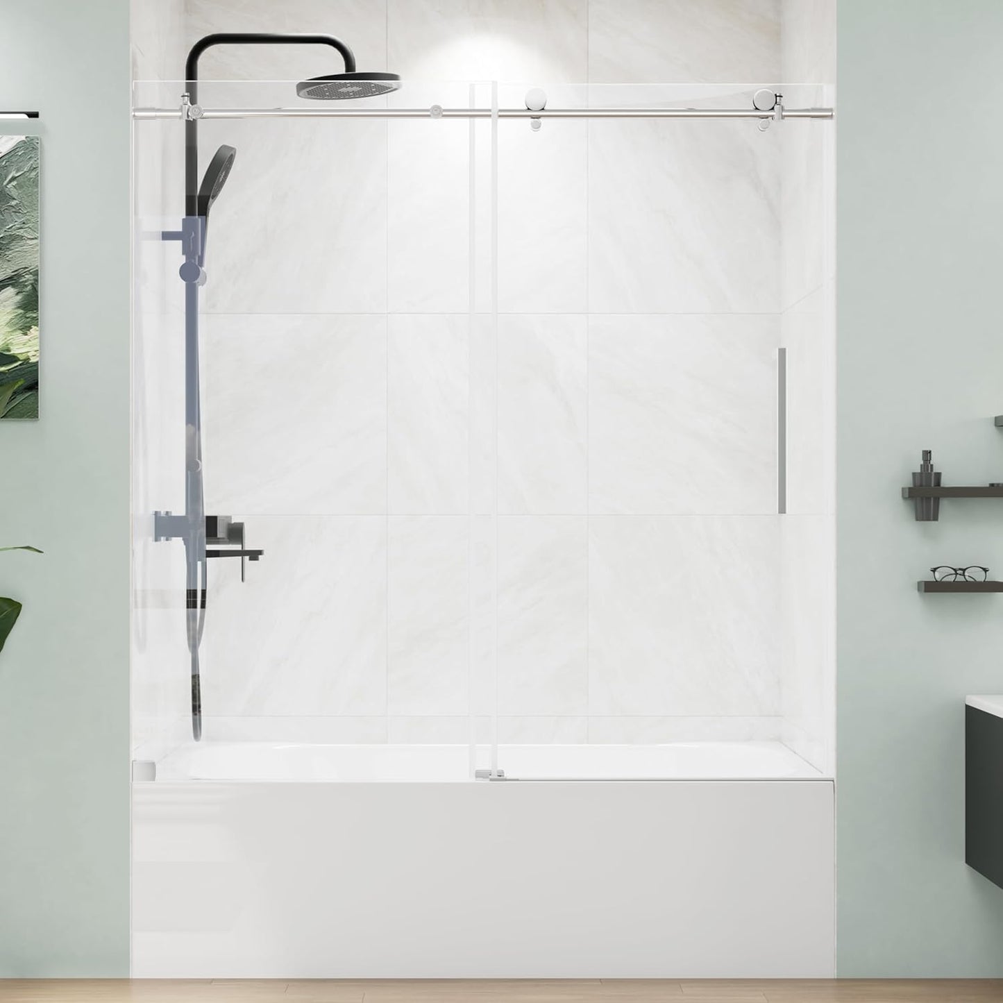 Frameless Tub Shower Door 56-59" W x 59" H, 5/16"(8mm) SGCC Clear Tempered Glass Bathtub Glass Door with Explosion-Proof Film, Tub Doors Can Be Installed Left Or Right, Stainless Steel, Silver