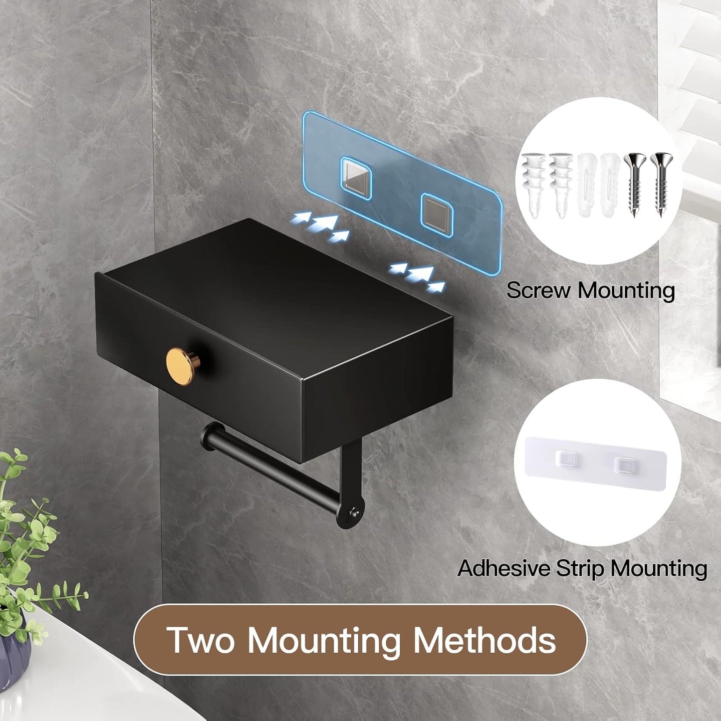 VOLDRA Toilet Paper Holder with Shelf Black Wipes Dispenser for Bathroom Stainless Steel Toilet Paper Holder with Storage Drawer Adhesive Wall Mount Small Bathroom Shelf