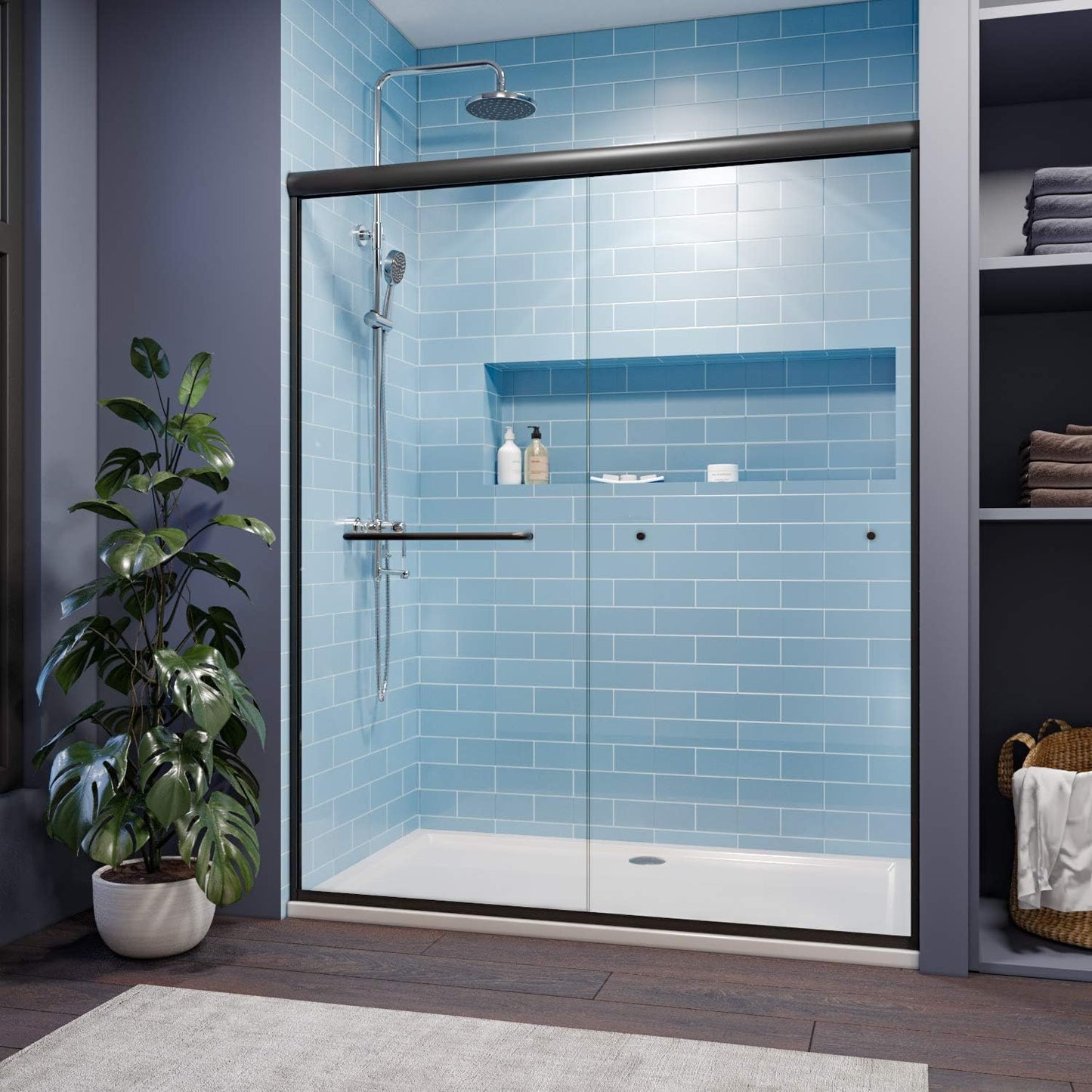 SUNNY SHOWER Bathtub Shower Door Glass Sliding Tub Door Semi-Frameless 1/4" Clear Glass Shower Enclosure Doors for Bathroom, Black Finish 58.5-60 in.W x 62 in.H