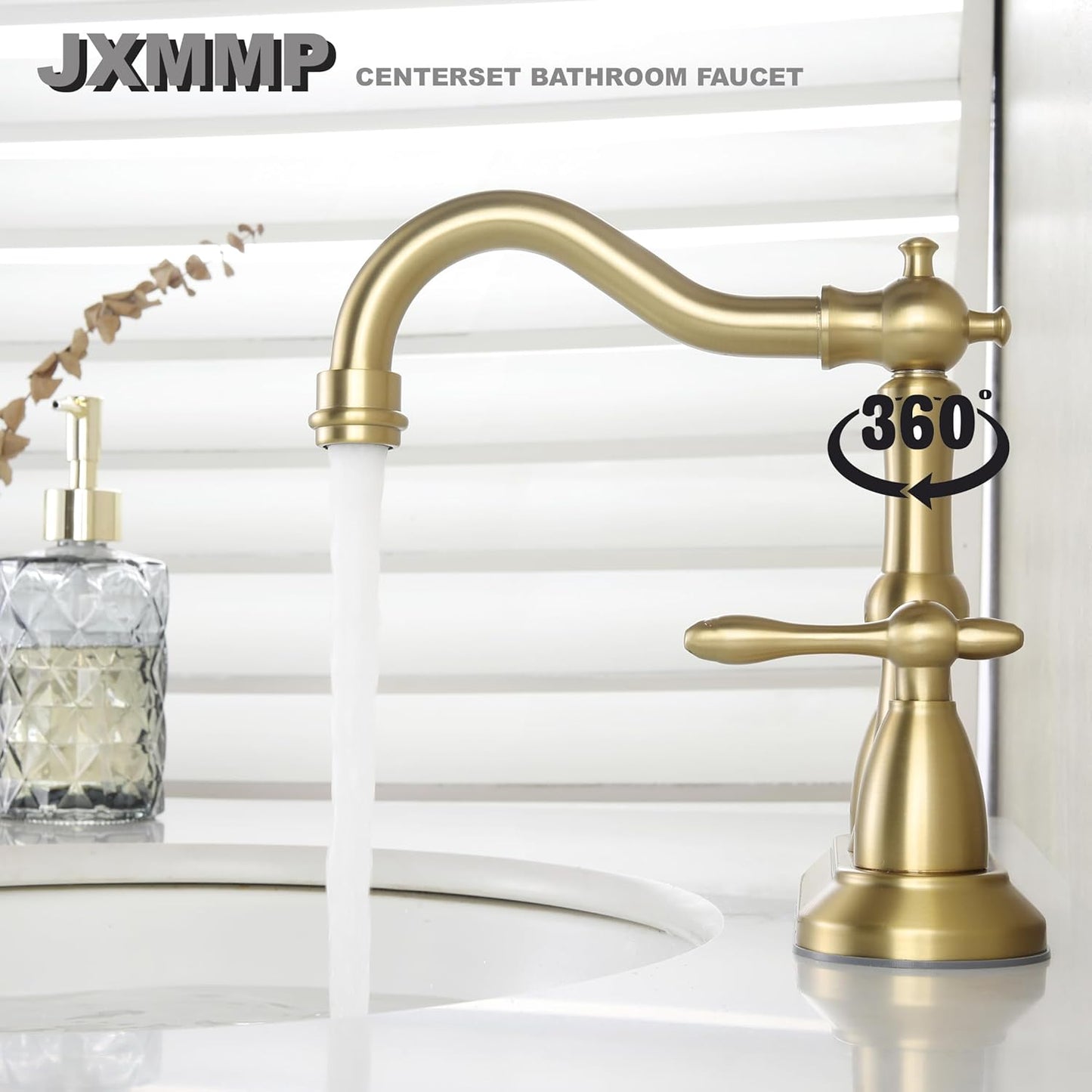 Brushed Gold Bathroom Faucet, Stainless Steel 4 inch Centerset Bathroom Faucet with Drain and Supply Hose, 2 Hole Gold Faucet for Bathroom Sink
