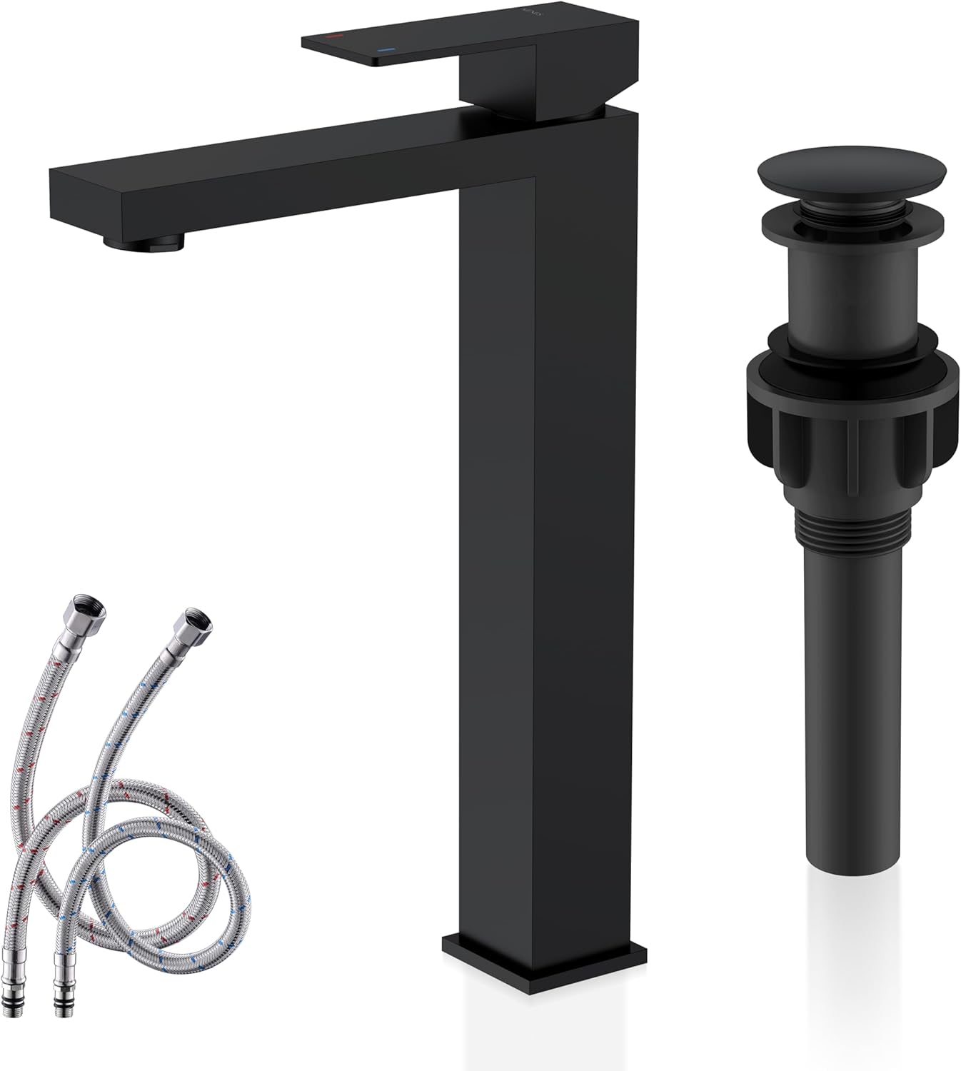 KENES Matte Black Single Handle Bathroom Sink Faucet, Stainless Steel Vanity Faucet for Bathroom Sink, with Pop Up Drain Stopper & Water Supply Hoses LJ-9031-2