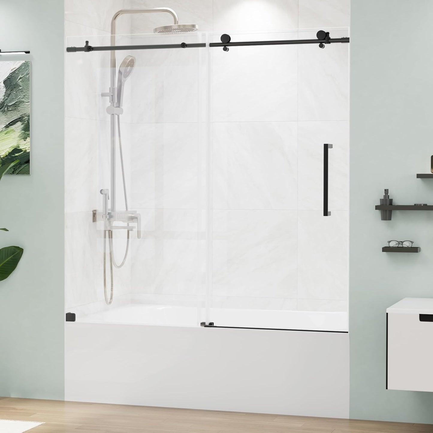 Frameless Tub Shower Door 56-59" W x 59" H, 5/16"(8mm) SGCC Clear Tempered Glass Bathtub Glass Door with Explosion-Proof Film, Tub Doors Can Be Installed Left Or Right, Stainless Steel, Silver