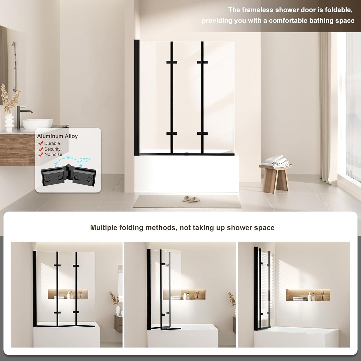 47" W x 55" H Tub Shower Door,Foldable Bathtub Glass Door,Frameless Hinged Shower Screen with Tempered Glass Panel,Matte Black