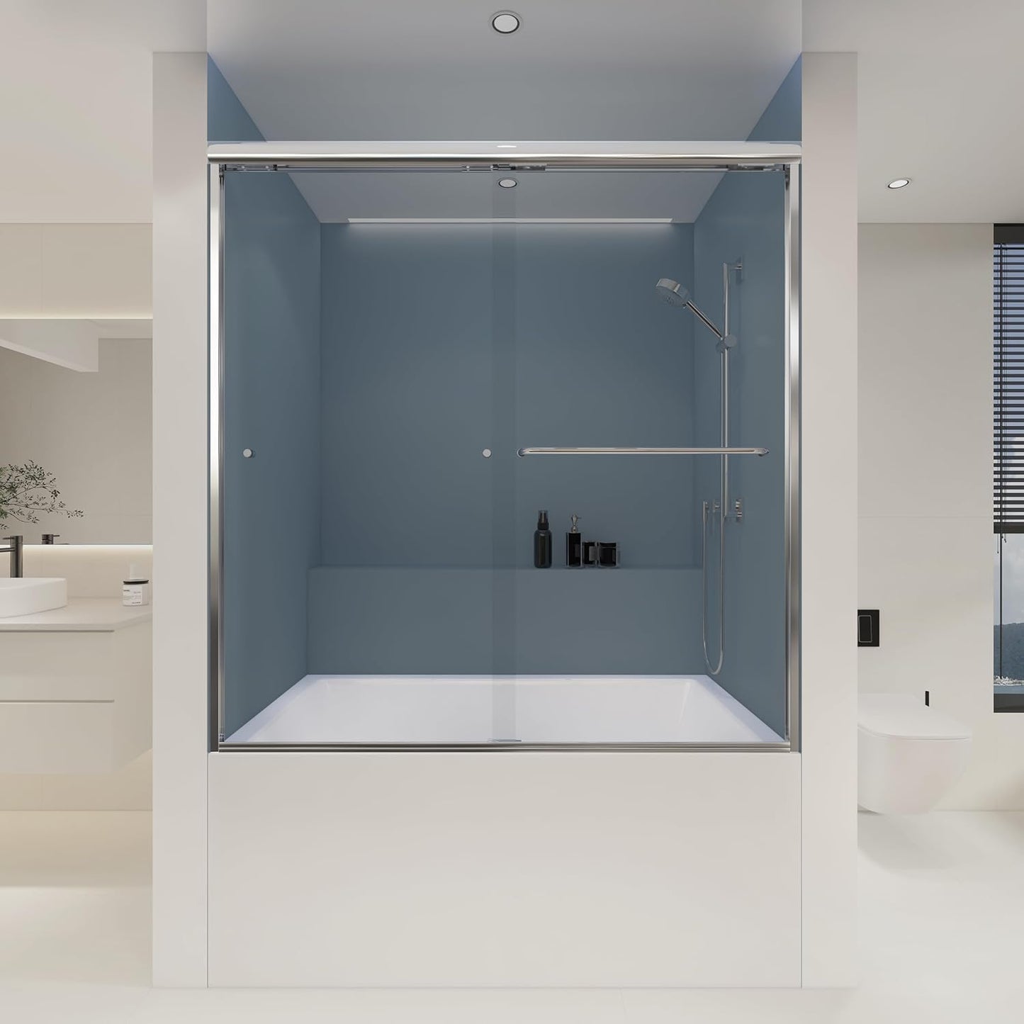 60" W x 58" H Semi-Frameless Bypass Sliding Bathtub Shower Door, Easy-to-Clean Treated Clear Tempered Glass, Matte Black
