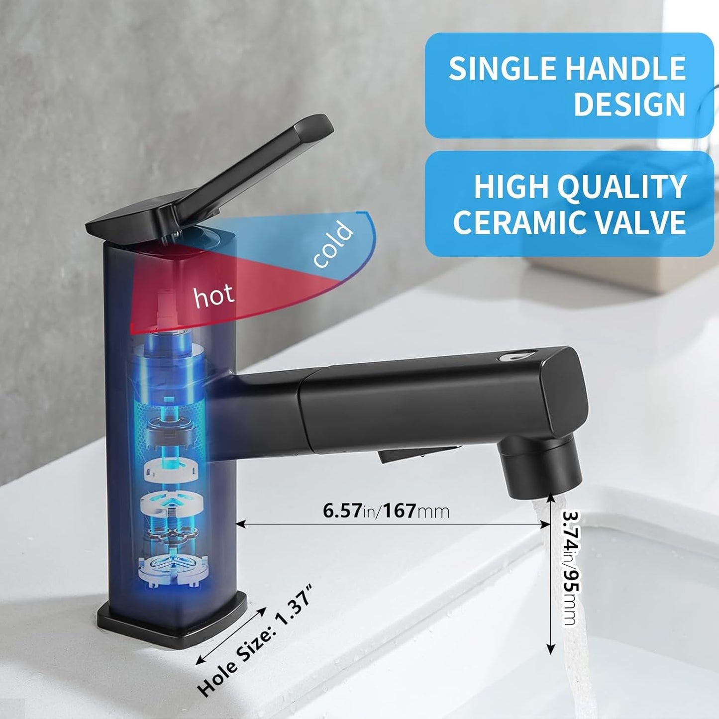 HANLIAN Single Hole Pull Out Faucet for Bathroom Sink, Black Sink Faucet Bathroom, One Handle Modern Restroom Tap with Pull Down Sprayer, 3 Modes Washroom Pull Out Tap with Rotating Spout