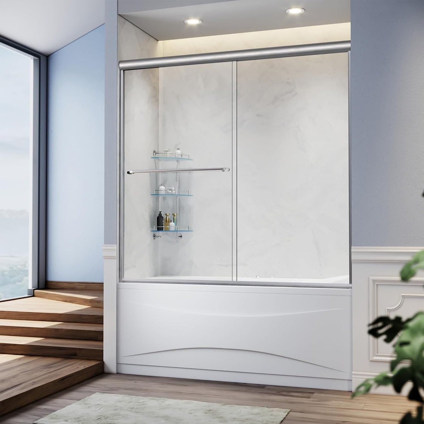 SUNNY SHOWER Bathtub Shower Door Glass Sliding Tub Door Semi-Frameless 1/4" Clear Glass Shower Enclosure Doors for Bathroom, Black Finish 58.5-60 in.W x 62 in.H