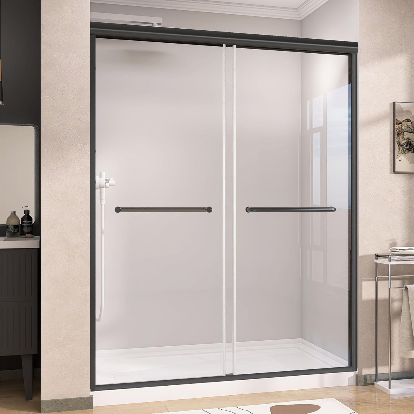 GETPRO Shower Door for Tub 56-60 in. W x 62 in. H Semi-Frameless Tub Door for Shower, Double Sliding Bypass Bath Tub Shower Glass Doors with 5/16 inch Tempered Glass Matte Black