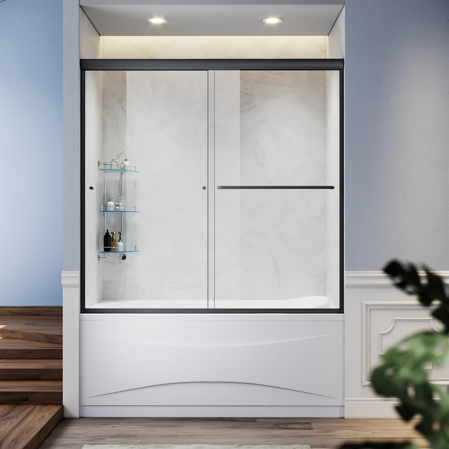SUNNY SHOWER Bathtub Shower Door Glass Sliding Tub Door Semi-Frameless 1/4" Clear Glass Shower Enclosure Doors for Bathroom, Black Finish 58.5-60 in.W x 62 in.H