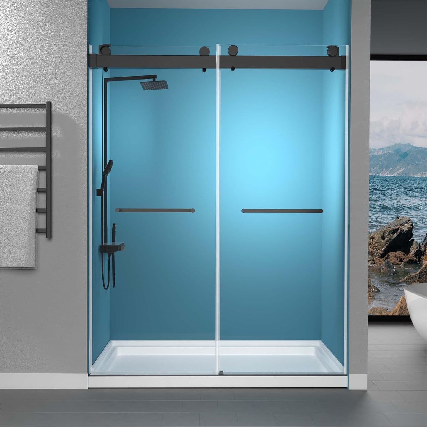 GETPRO Shower Door for Tub 56-60 in. W x 62 in. H Semi-Frameless Tub Door for Shower, Double Sliding Bypass Bath Tub Shower Glass Doors with 5/16 inch Tempered Glass Matte Black