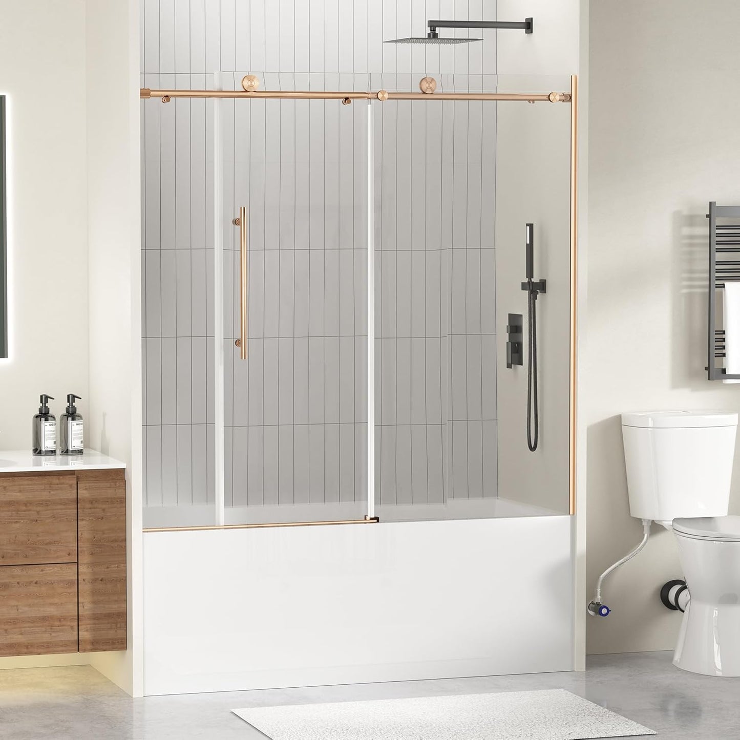 Frameless Bathtub Shower Doors 56-60" Width x 59" Height with 5/16" (8mm) Clear Tempered Glass,Silent Soft-Close Design,Brushed Nickel