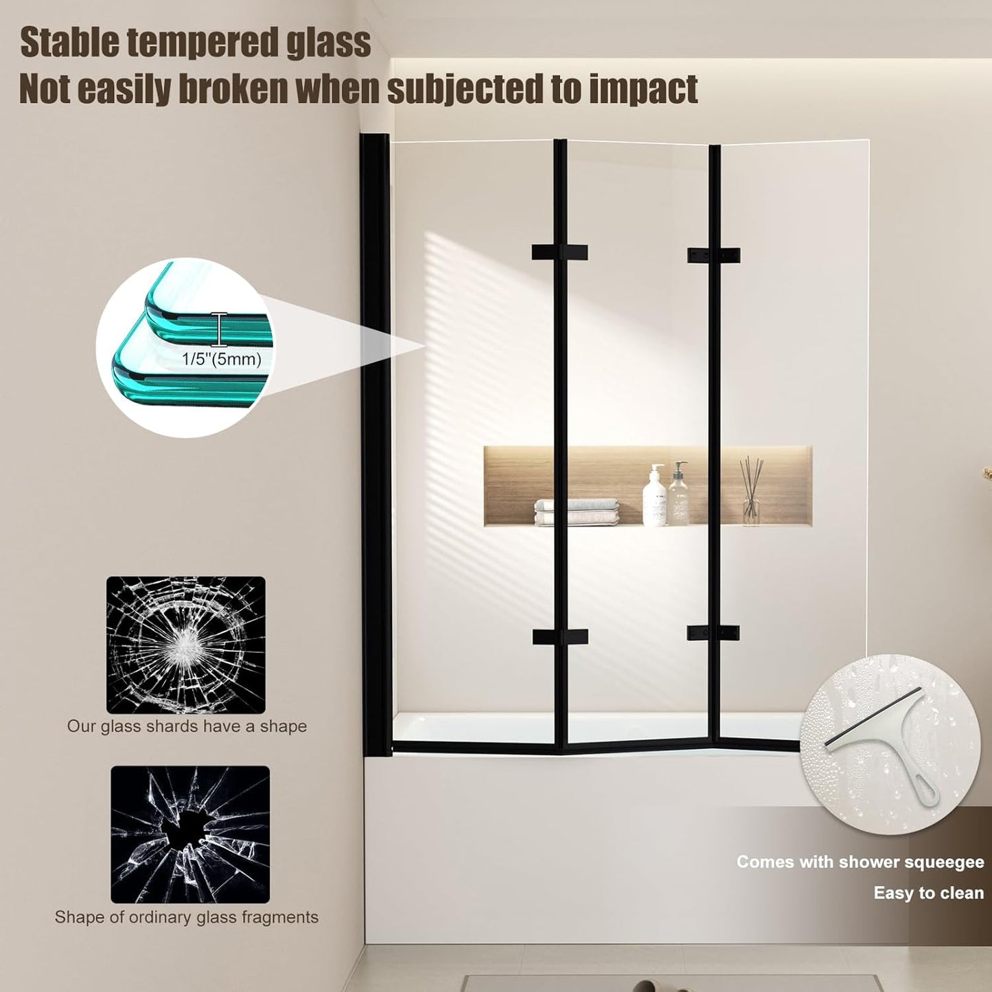 47" W x 55" H Tub Shower Door,Foldable Bathtub Glass Door,Frameless Hinged Shower Screen with Tempered Glass Panel,Matte Black