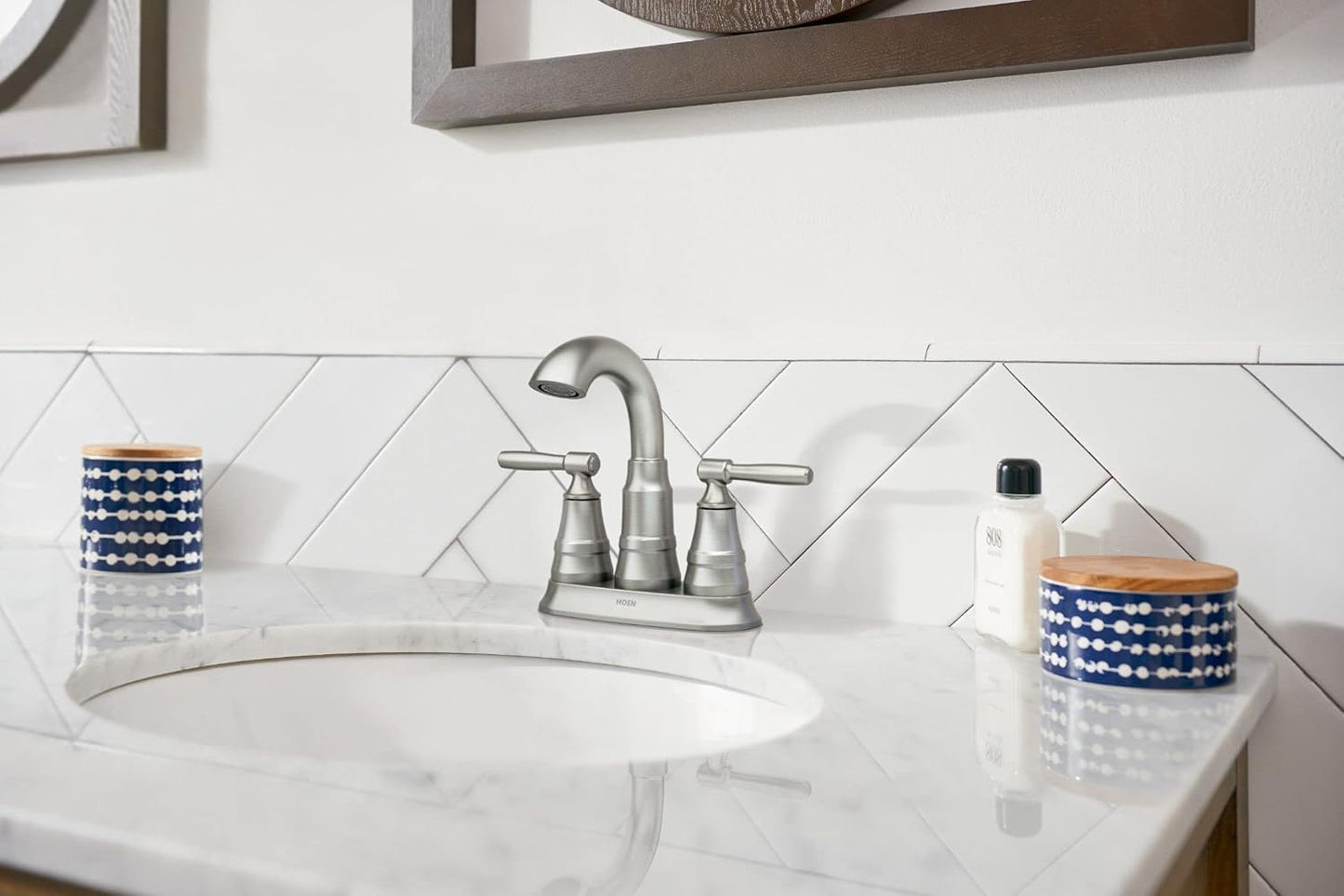 Moen Halle Spot Resist Brushed Nickel Two-Handle Centerset Bathroom Sink Faucet with Drain Assembly, 84971SRN