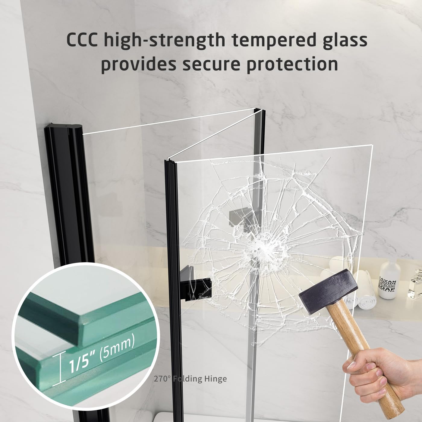 Foldable Tub Shower Door, 47" W x 55" H Frameless Hinged Shower Screen for Bathtub, 1/5" Tempered Glass Door for Shower, 180° Pivot Swing Tri-fold Glass Panel for Bathtub, Matte Black
