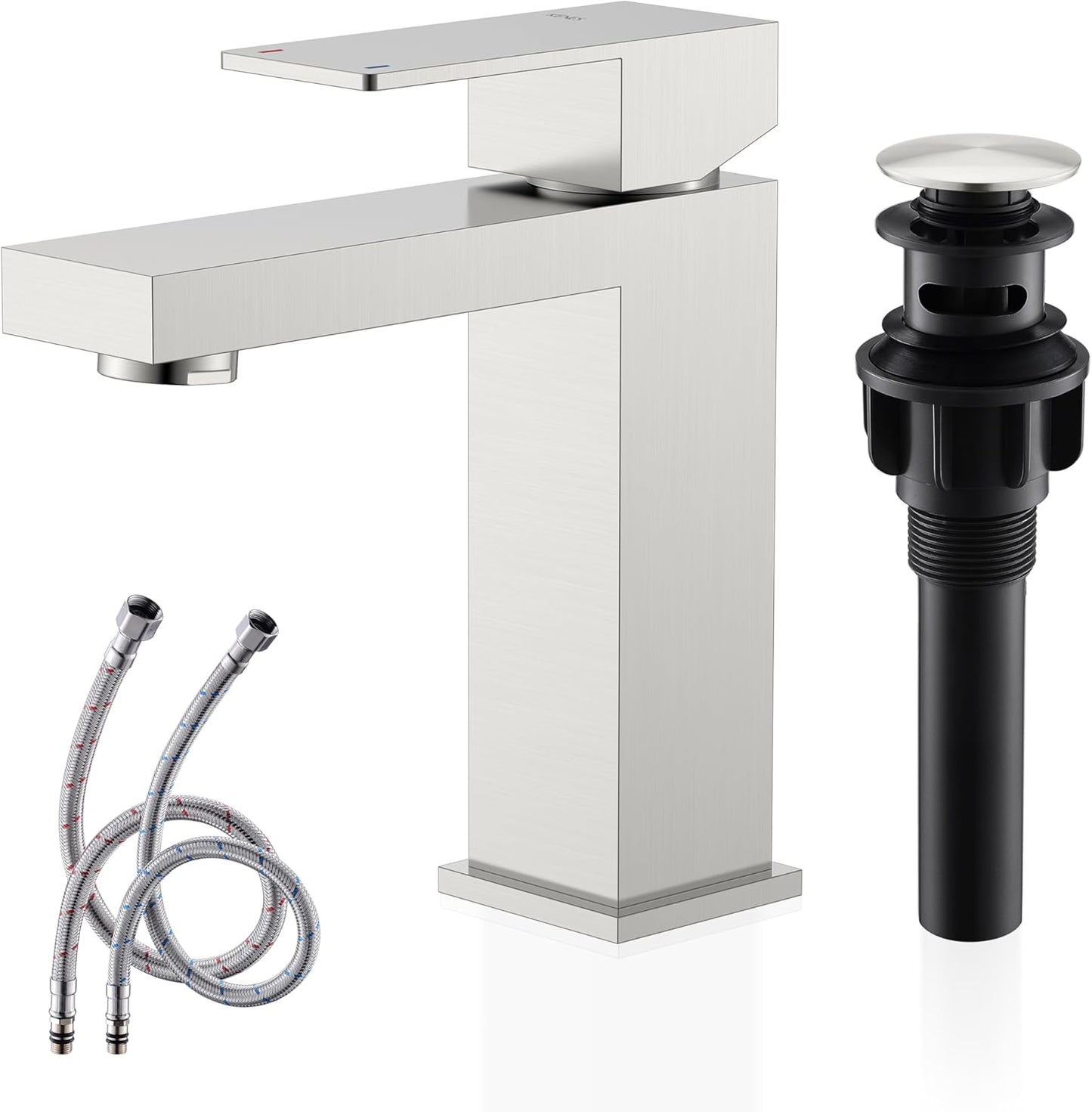 KENES Matte Black Single Handle Bathroom Sink Faucet, Stainless Steel Vanity Faucet for Bathroom Sink, with Pop Up Drain Stopper & Water Supply Hoses LJ-9031-2
