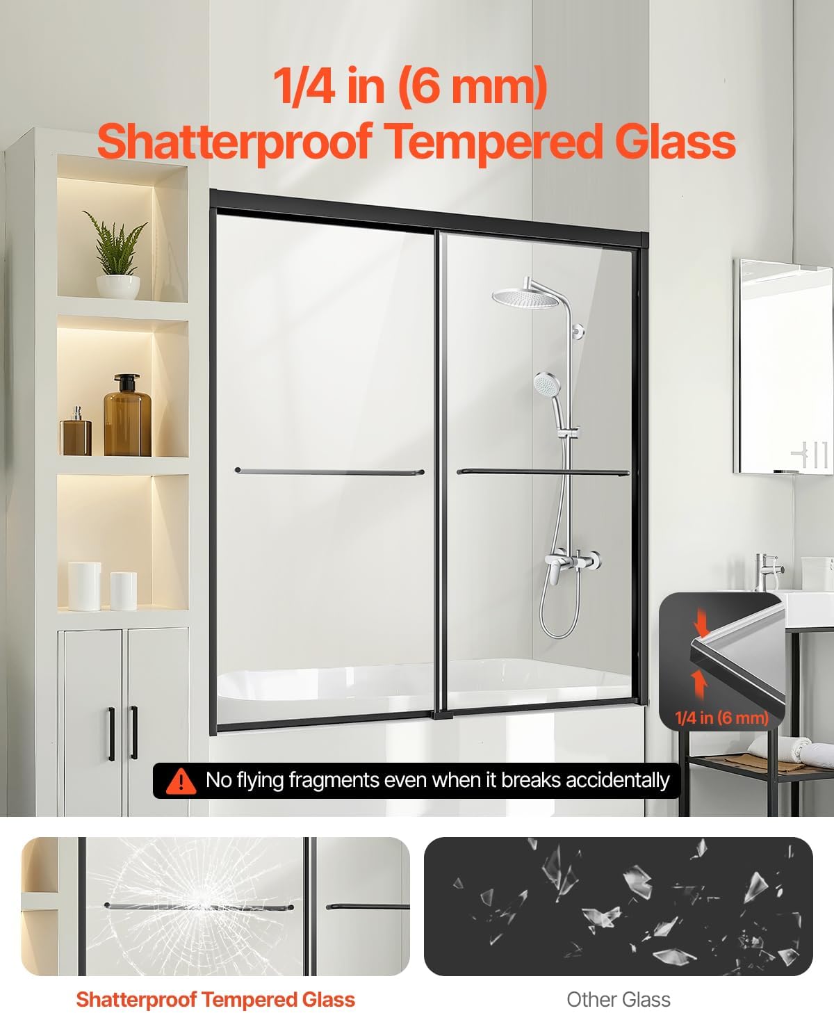 VEVOR Bathtub Shower Door, 50-60" W x 60" H, Semi-Frameless Double Sliding Tub Door, Semi-Frameless Bypass Tub Door with 1/4 in Shatterproof Tempered Glass and Stainless Steel Handle, Black