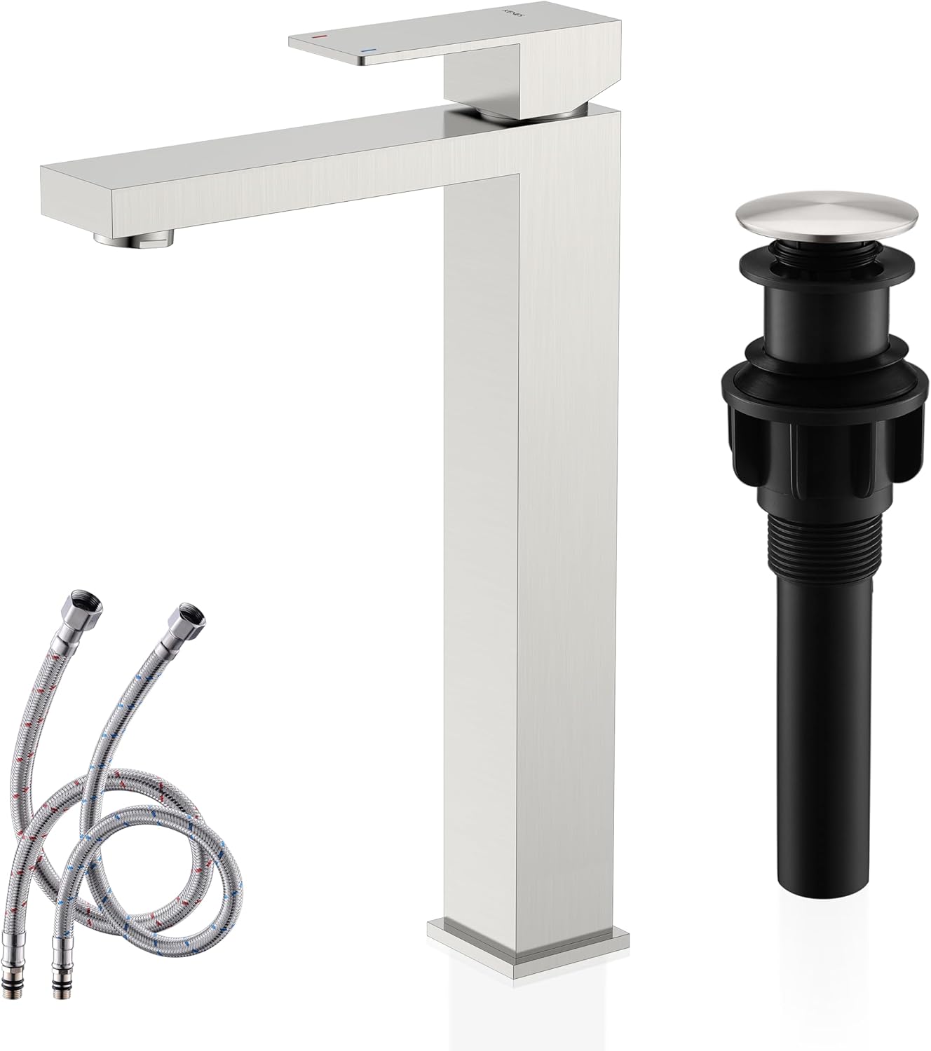 KENES Matte Black Single Handle Bathroom Sink Faucet, Stainless Steel Vanity Faucet for Bathroom Sink, with Pop Up Drain Stopper & Water Supply Hoses LJ-9031-2