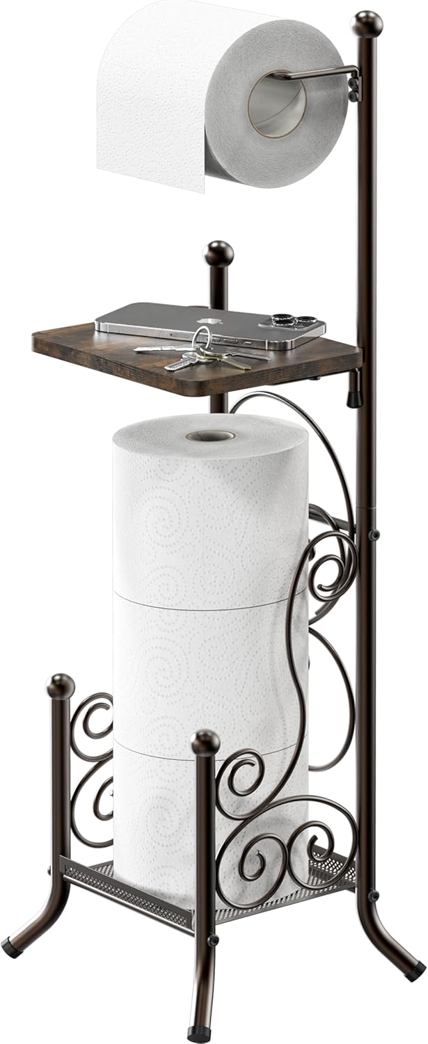 Simple Houseware English Style Bathroom Toilet Tissue Roll Holder Stand with Shelf, Bronze