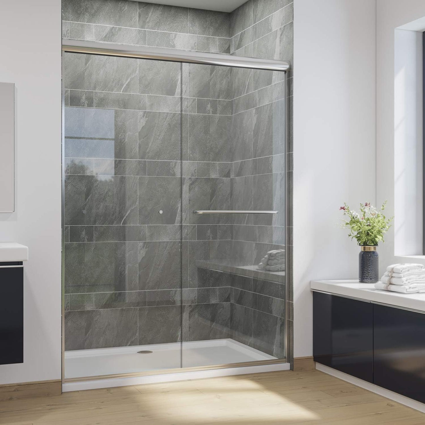 SUNNY SHOWER Bathtub Shower Door Glass Sliding Tub Door Semi-Frameless 1/4" Clear Glass Shower Enclosure Doors for Bathroom, Black Finish 58.5-60 in.W x 62 in.H